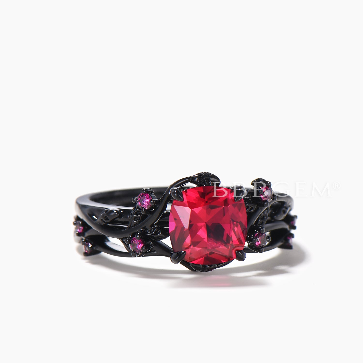 Exquisite Cushion Cut Ruby Black Gold Ring Set - Nature Inspired Engagement Ring for Women - Perfect for Weddings, Anniversaries & Special Occasions