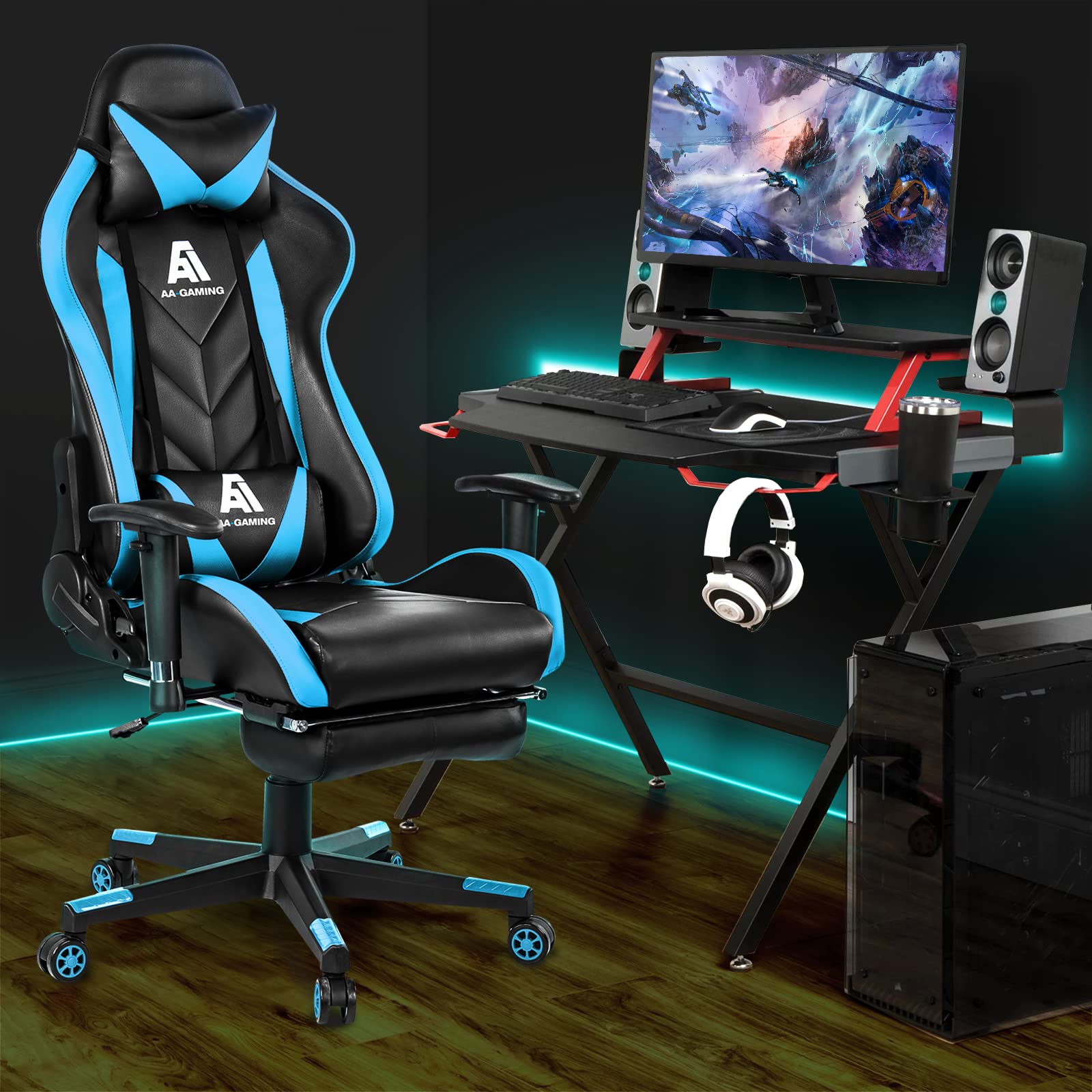 Premium Gaming Chair - High Back Ergonomic Racing Office Chair with Adjustable Height, Footrest & Lumbar Support - Swivel Computer Chair for PC Gaming, Streaming & Home Office (Black & Blue) - Perfect for Esports, Work from Home & Long Gaming Sessions