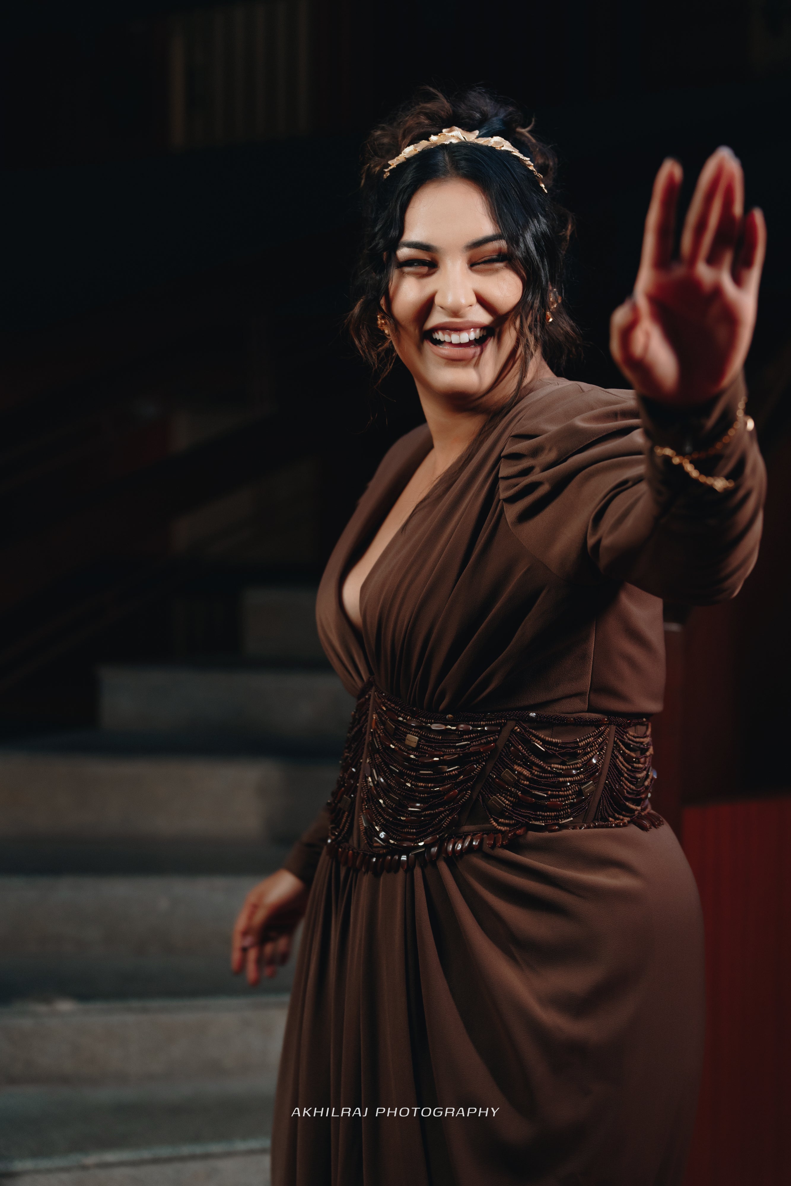 Sakshi Sindhwani Dark Tan Corset Dress with High Slit - Elegant Evening Gown for Parties, Weddings & Special Occasions