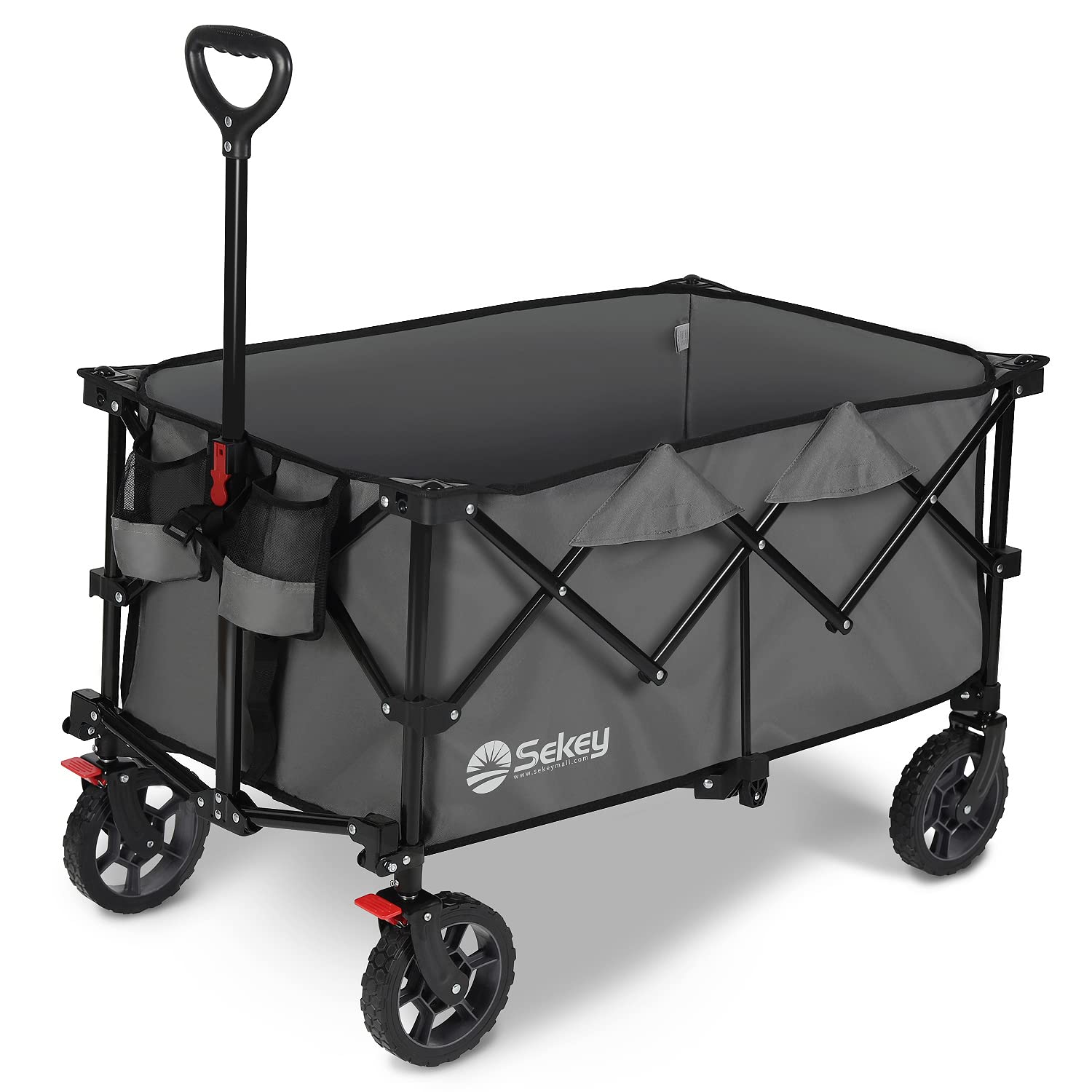 Sekey 220L Heavy Duty Collapsible Folding Wagon Cart with 330lbs Capacity - All-Terrain Wheels, Drink Holders & Storage (Grey) - Perfect for Camping, Beach Trips, Picnics & Grocery Shopping