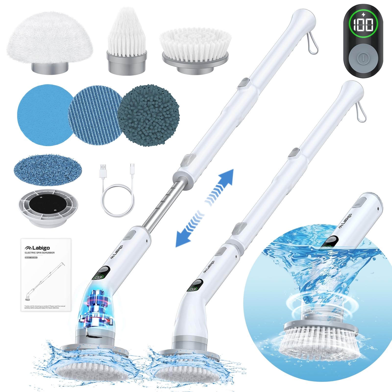 LABIGO Electric Spin Scrubber LA4 Pro - Cordless Cleaning Brush with 6 Replacement Heads, Adjustable Handle & 2-Speed Modes for Bathroom, Shower, Tile, Tub - Perfect for Deep Cleaning Floors, Walls and Hard-to-Reach Areas