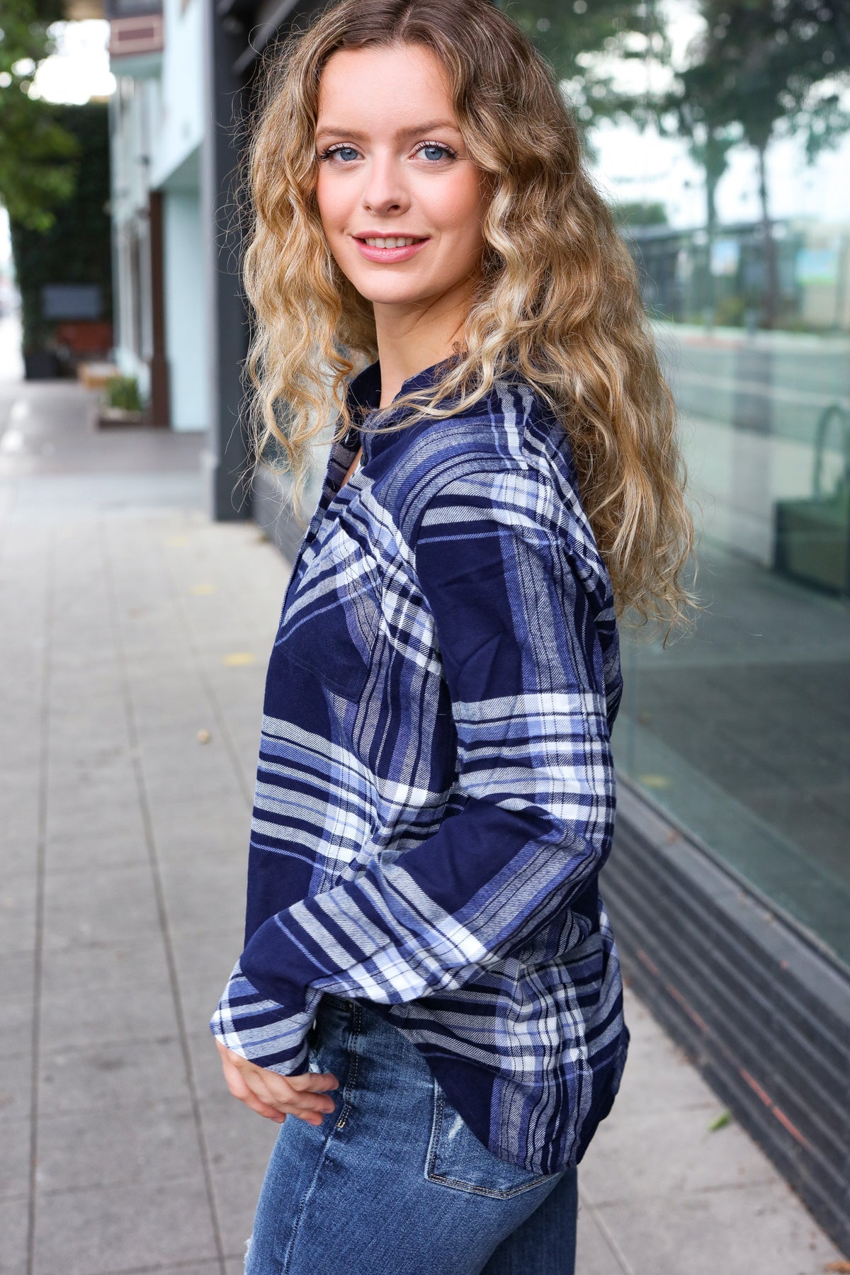 Stylish Blue Plaid Button Down Shirt for Women - Casual Long Sleeve Blouse - Perfect for Office, Date Night & Fall Outfits
