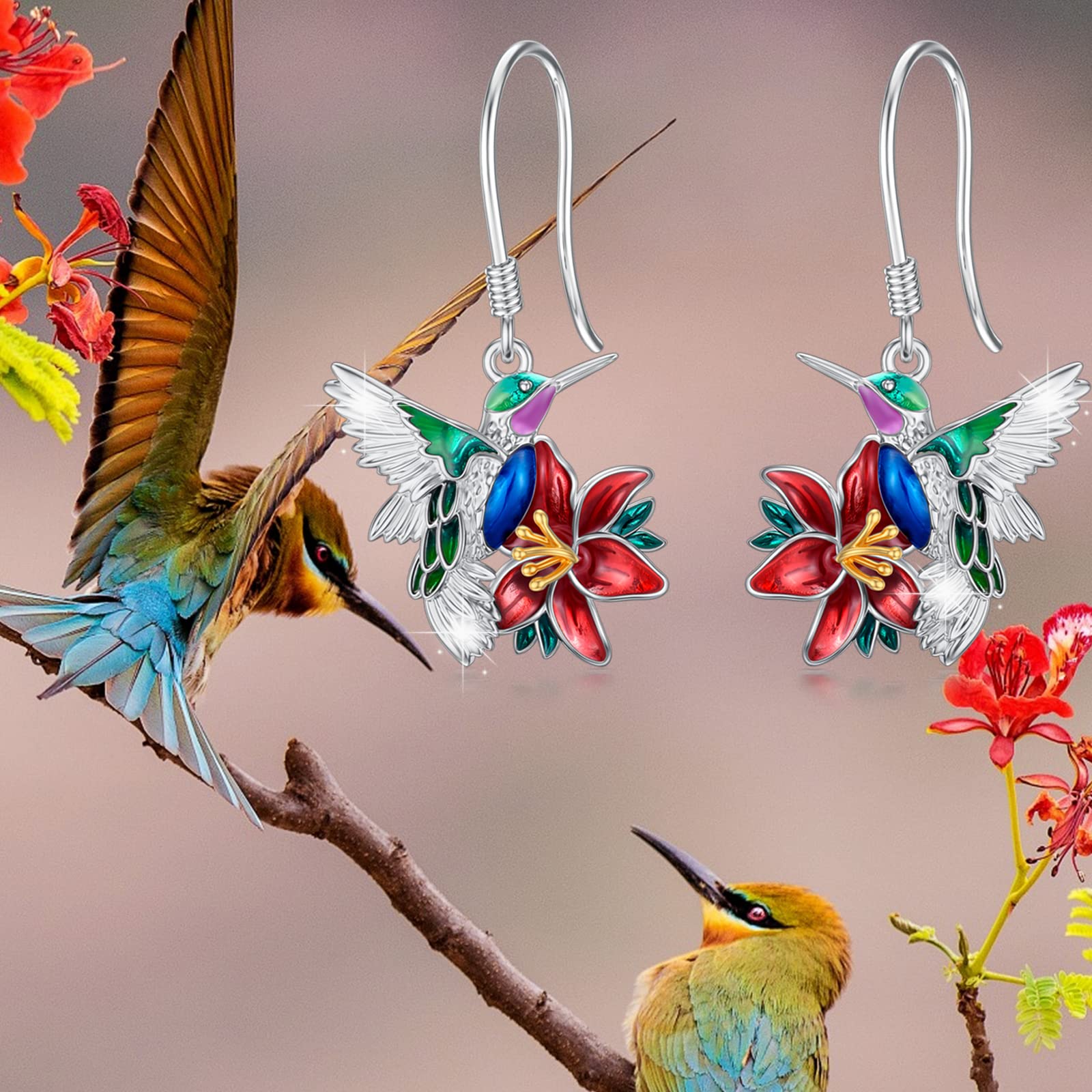PEIMKO Sterling Silver Hummingbird Dangle Earrings - Cute Floral Drop Earrings for Women | Perfect for Weddings, Parties & Everyday Wear