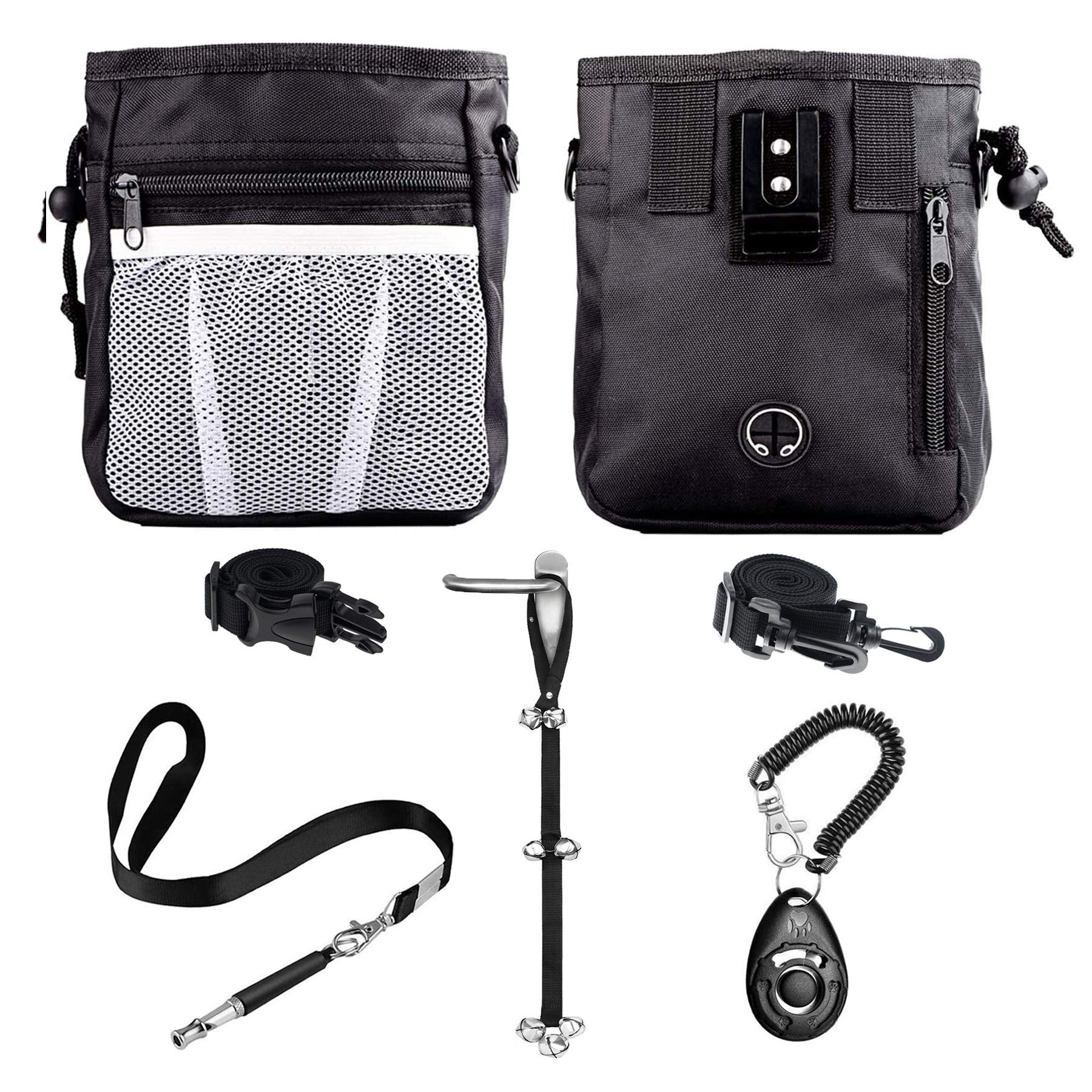 D-BUY 4-in-1 Dog Training Kit with Treat Pouch, Whistle, Doorbell & Clicker - Professional Puppy Training Tools for Beginners - Perfect Gift for New Pet Owners (Black) - Great for Housebreaking, Obedience & Behavior Training