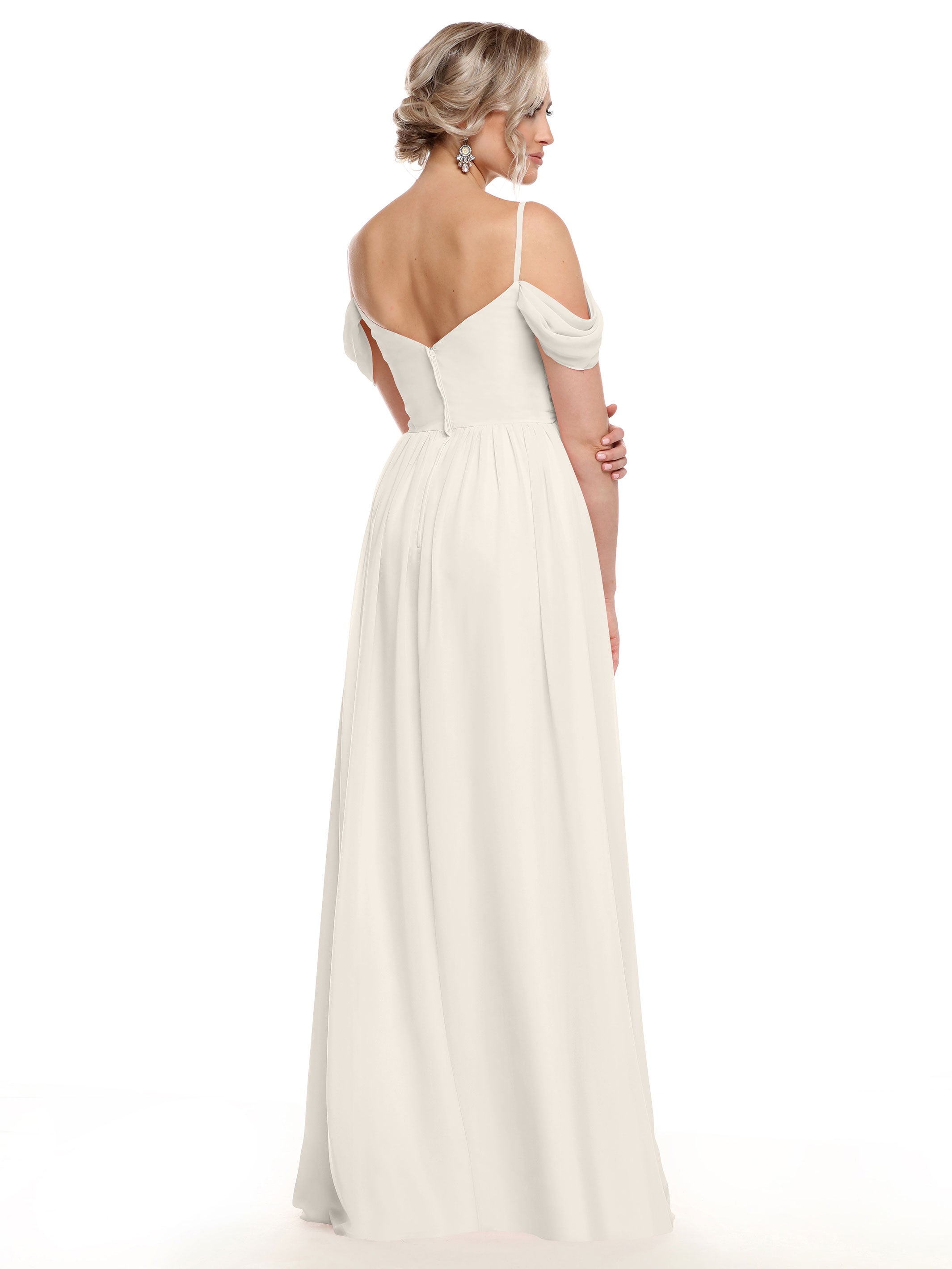 Elegant Off-the-Shoulder Chiffon Bridesmaid Dress with Spaghetti Straps - Flowy A-Line Formal Gown for Weddings, Parties & Special Occasions