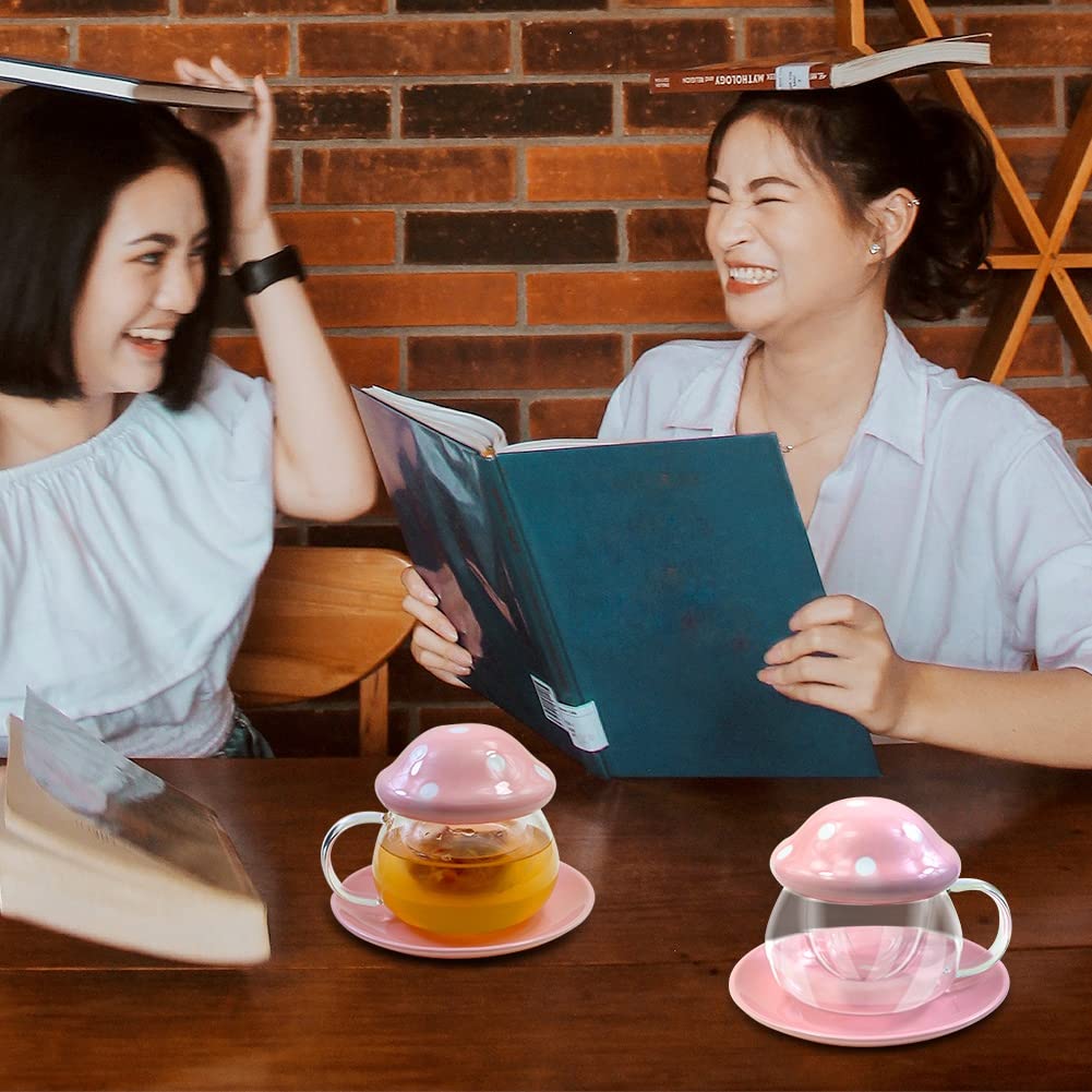 BINBE Cute Mushroom Glass Tea Cup with Lid - Heat Resistant Coffee Mug with Infuser & Tray - Kawaii Gifts for Women, Tea Lovers - Perfect for Home, Office, Gifts (Pink)