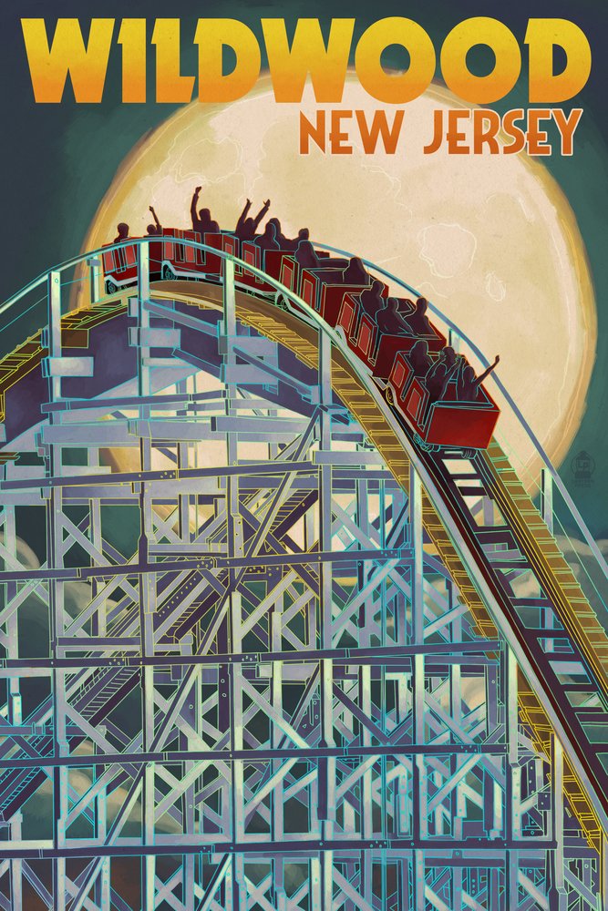 Wildwood New Jersey Roller Coaster and Moon 43983 - 24x36 Signed Art Print Poster, Wall Decor for Living Room, Bedroom & Office - Vintage Amusement Park Theme Coastal Home Decor