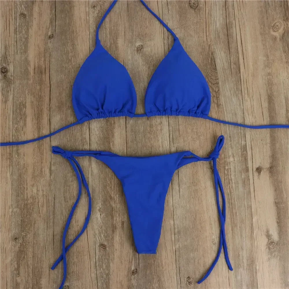2 Pcs Women's Sexy Solid Color Bikini Set - Halter Neck Strap Thong Swimwear Bathing Suit for Beach, Pool Party & Summer Vacation