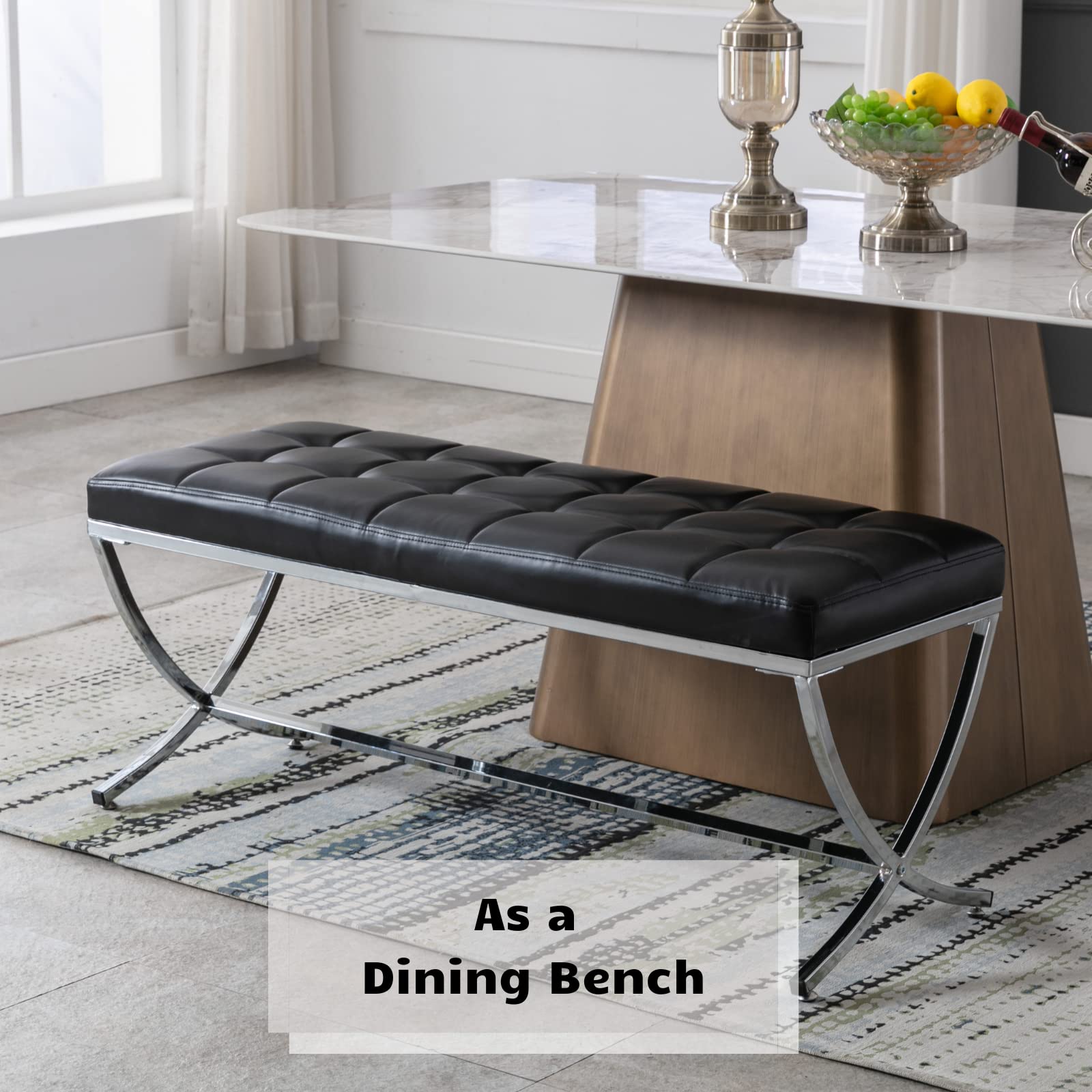 Modern Dining Bench with Button Tufted Ottoman & Metal Legs - Upholstered PU Faux Leather Footstool for Living Room, Entryway, Bedroom - Black | Perfect for Dining Tables, Hallway Seating & Bedroom Decor