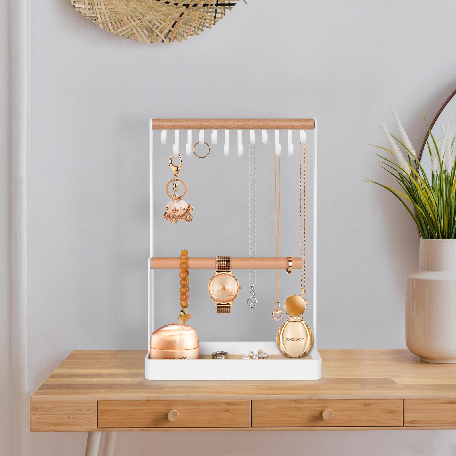 PAMANO 3-Tier Wooden Jewelry Organizer Stand - Necklace Holder with 12 Hooks, Earring Tray & Bracelet Display Rack for Rings, Watches Storage | Perfect for Bedroom Vanity, Closet Organization & Jewelry Store Display