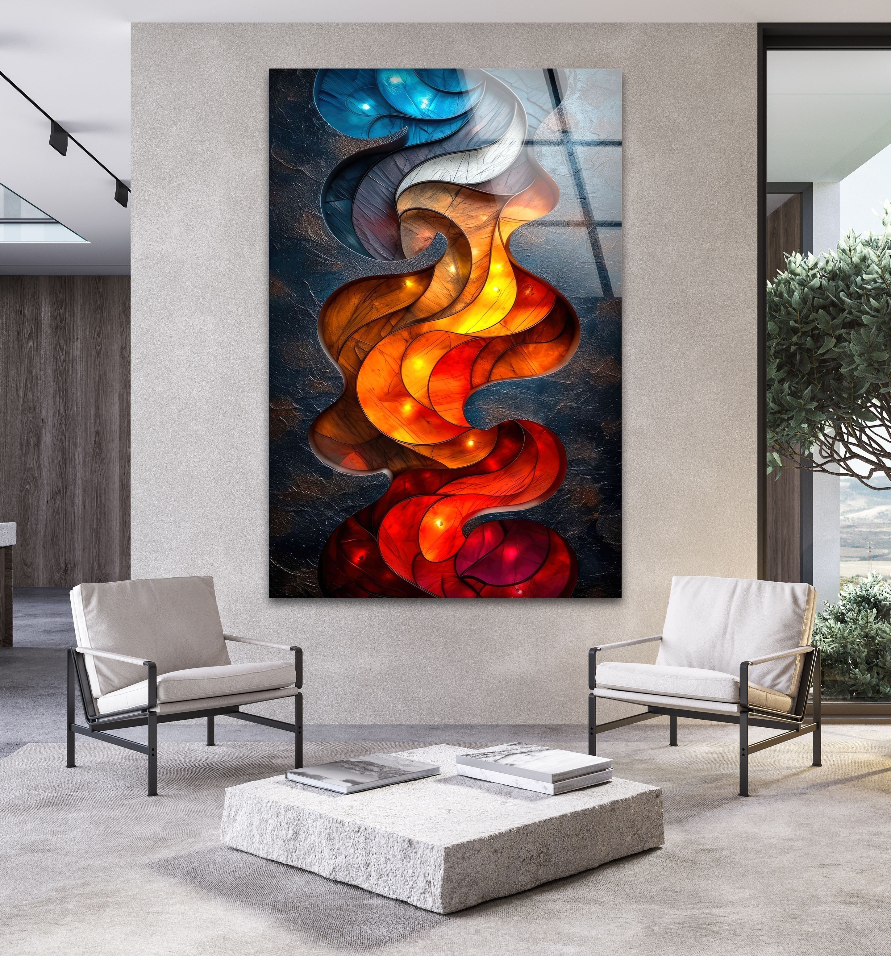 Blue & Red Design Glass Wall Art - Modern Handmade Decorative Panel for Living Room, Bedroom, or Office - Perfect for Home & Interior Decor