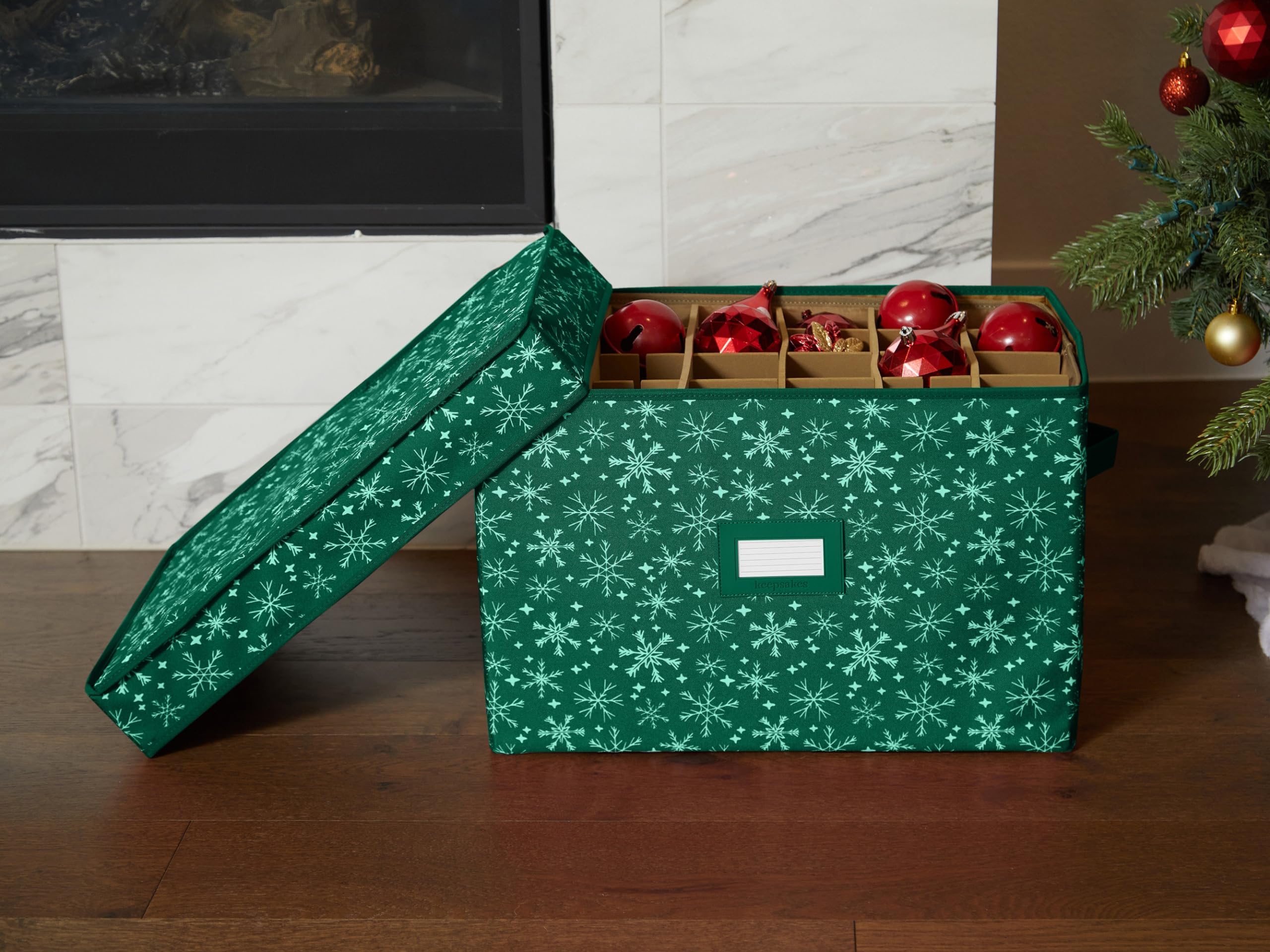 Covermates Adjustable Ornament Storage Box with Carrying Handles & Padded Protection - Holiday Decoration Organizer for Christmas Tree Decorations (Green Snowflake Design) - Perfect for Seasonal Storage & Home Organization