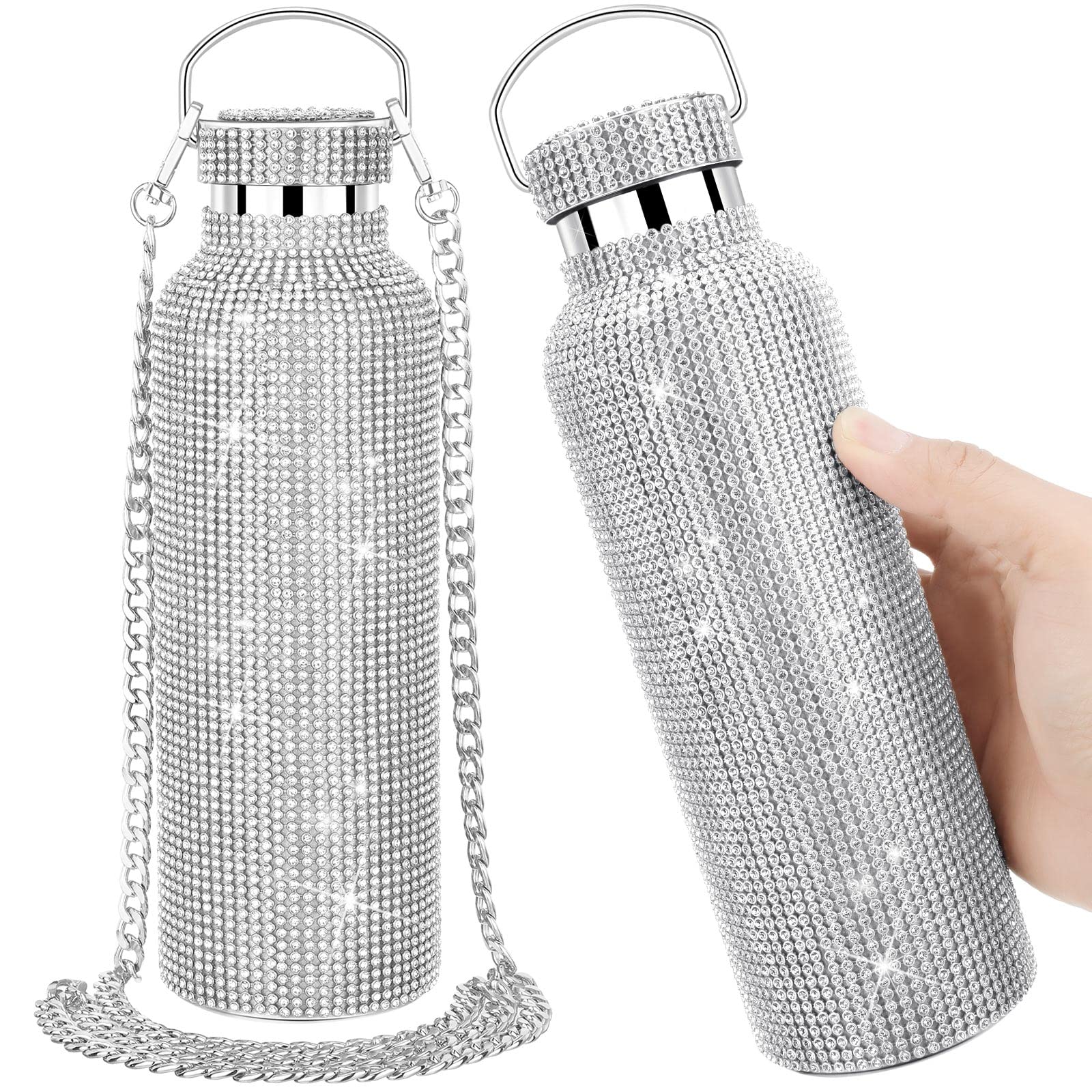 2 Pack Bling Diamond Rhinestone Glitter Water Bottle with Chain - 17 oz Stainless Steel Thermal Insulated Bottle - Bedazzled Refillable Gift for Women & Girls (Silver) - Perfect for Gym, Office, Travel & Everyday Hydration