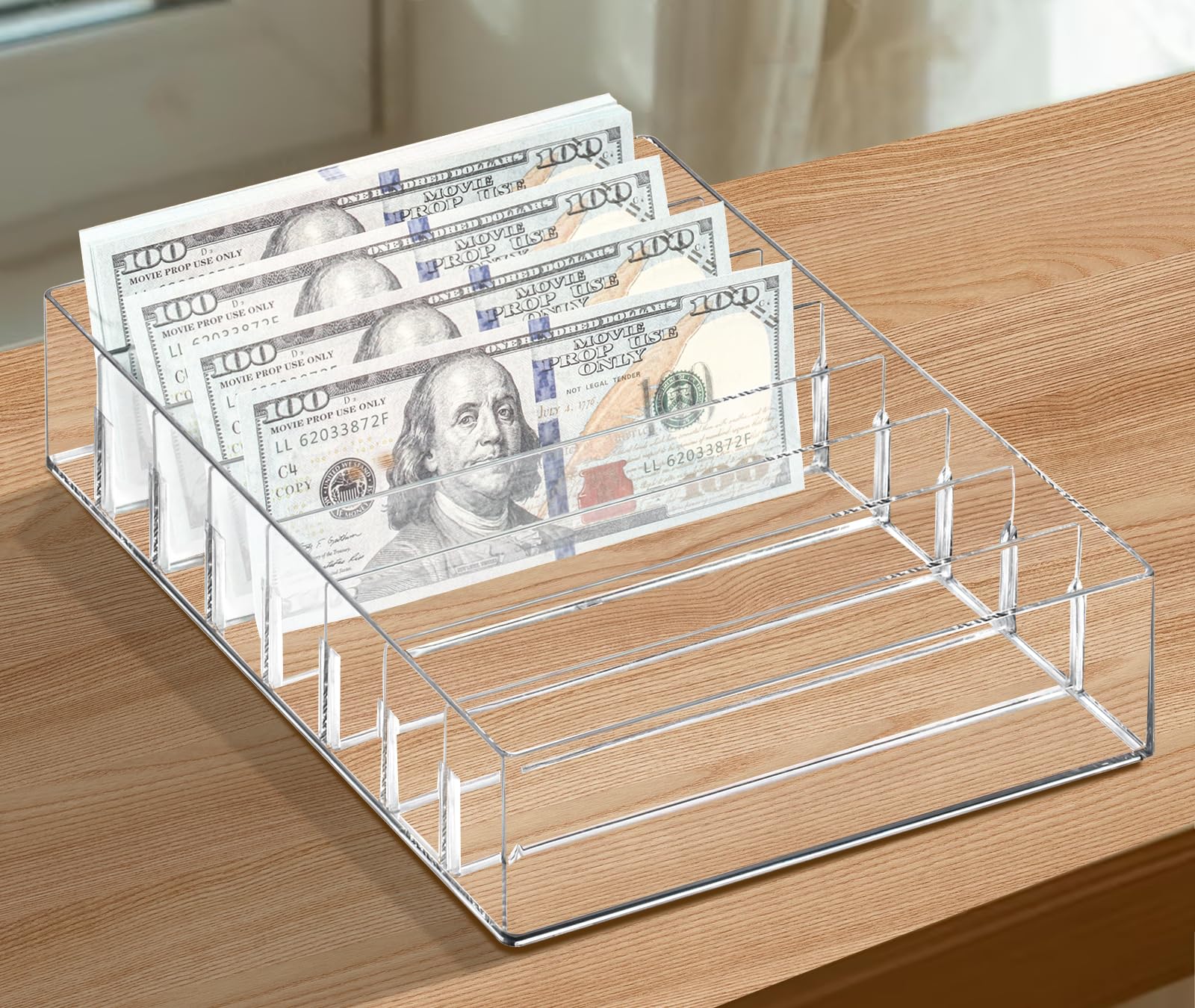 XUWAIDSGN Large Acrylic Cash Organizer - 8-Section Clear Money Budget Tray with Plastic Dividers | Bill Storage Holder for Cash Envelope System | Perfect for Home, Office & Small Business Budgeting (Clear)