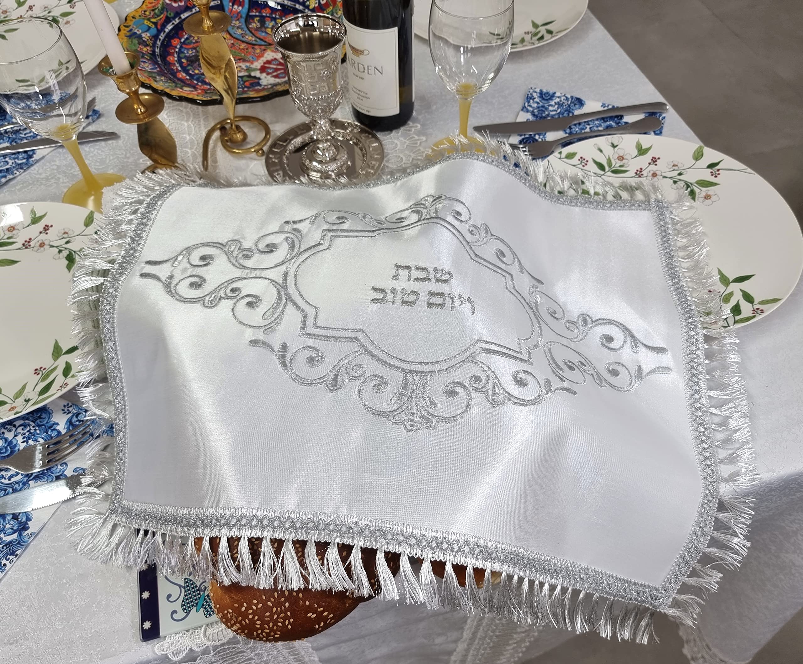 TALISMAN4U White Satin Challah Cover with Silver Fringes - Embroidered Shabbat Bread Cloth 20