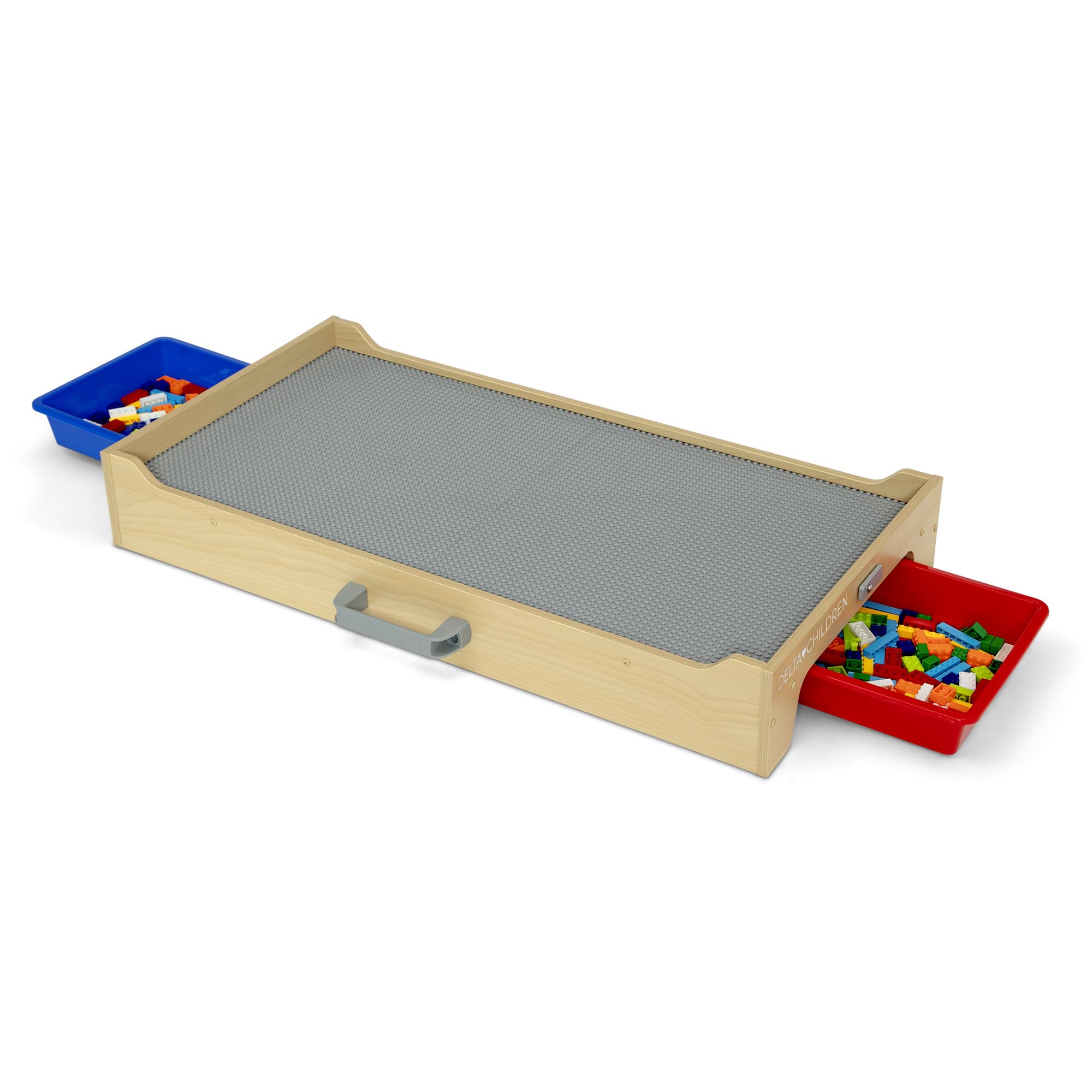 Delta Children Play N Store Building Bricks Play Table with 100+ Bricks - Large LEGO-Compatible Base Plate - Foldable Legs for Storage, Grey - Perfect for Kids Playroom, Preschool Learning & Creative Building Activities