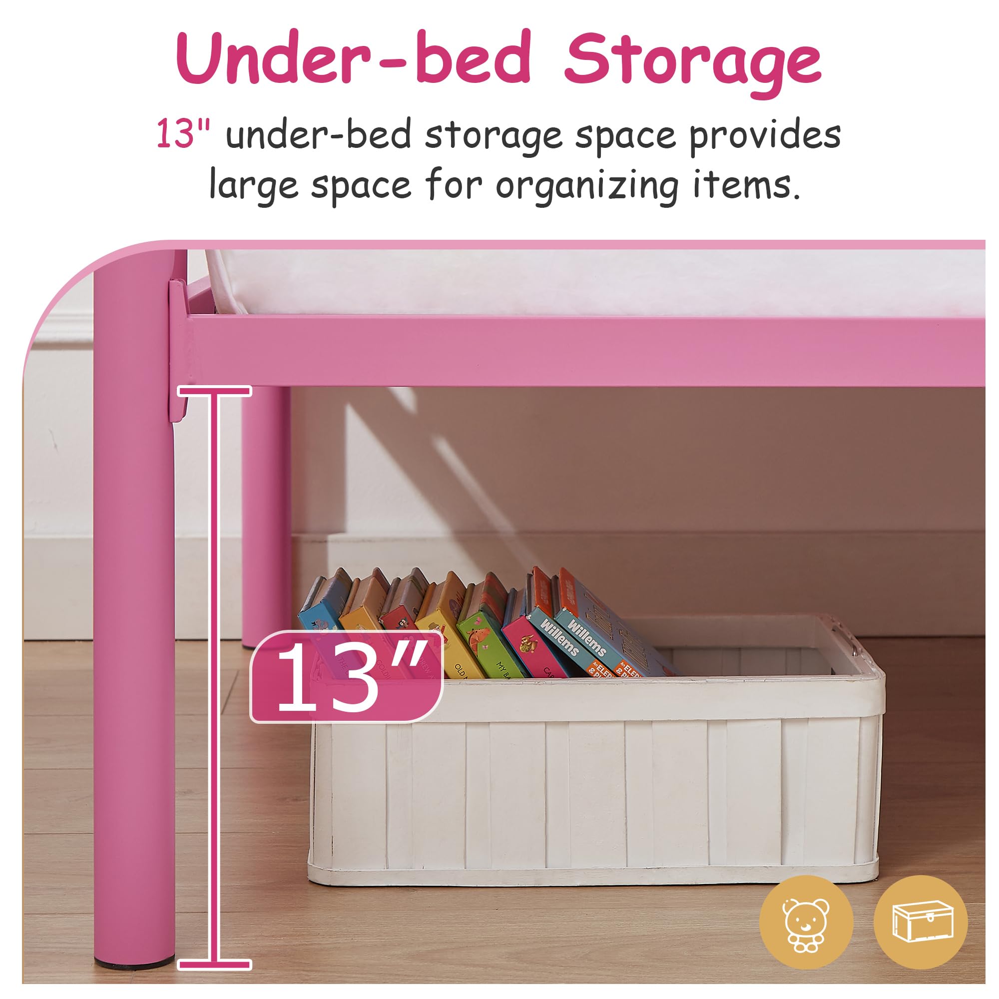 VECELO Twin Over Twin Metal Bunk Bed with Built-in Ladder & Safety Guardrail - Heavy Duty Space Saving Bunk Bed for Kids, Teens & Adults - No Box Spring Needed - Pink - Perfect for Small Bedrooms, Dorms & Guest Rooms