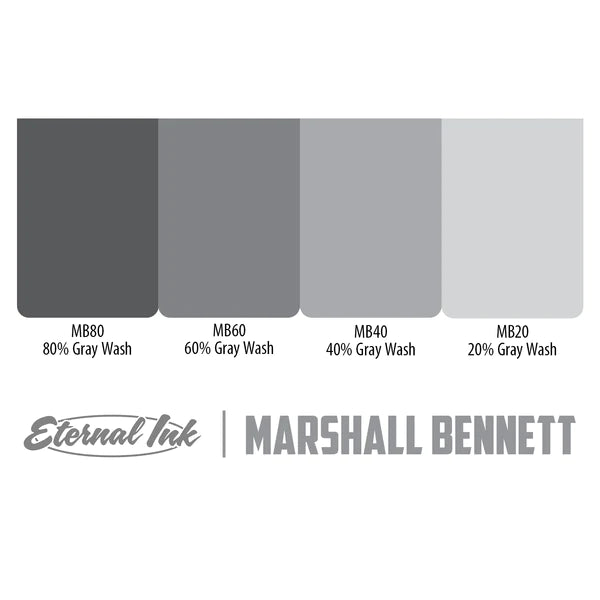 Eternal Tattoo Ink Marshall Bennett Gray Wash Set of 4 - Professional Tattoo Supplies for Artists | Perfect for Shading and Realistic Tattoo Designs