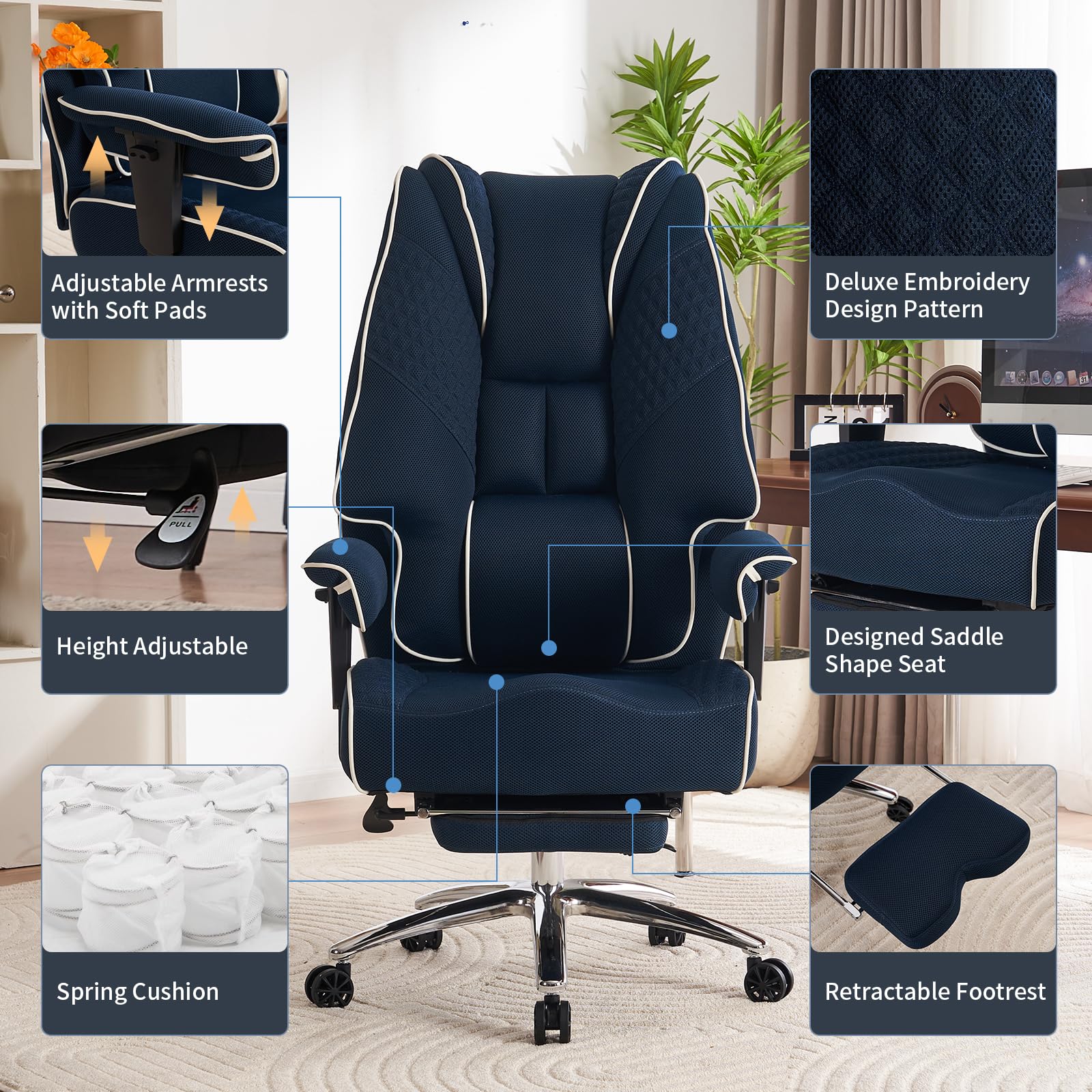 Heavy Duty Big and Tall Office Chair 400lbs Capacity - Wide Seat Ergonomic Executive Chair with Adjustable Lumbar Support & Footrest - Breathable Mesh High Back for Back Pain Relief (Dark Blue) - Perfect for Home Office, Gaming, and Long Work Sessions