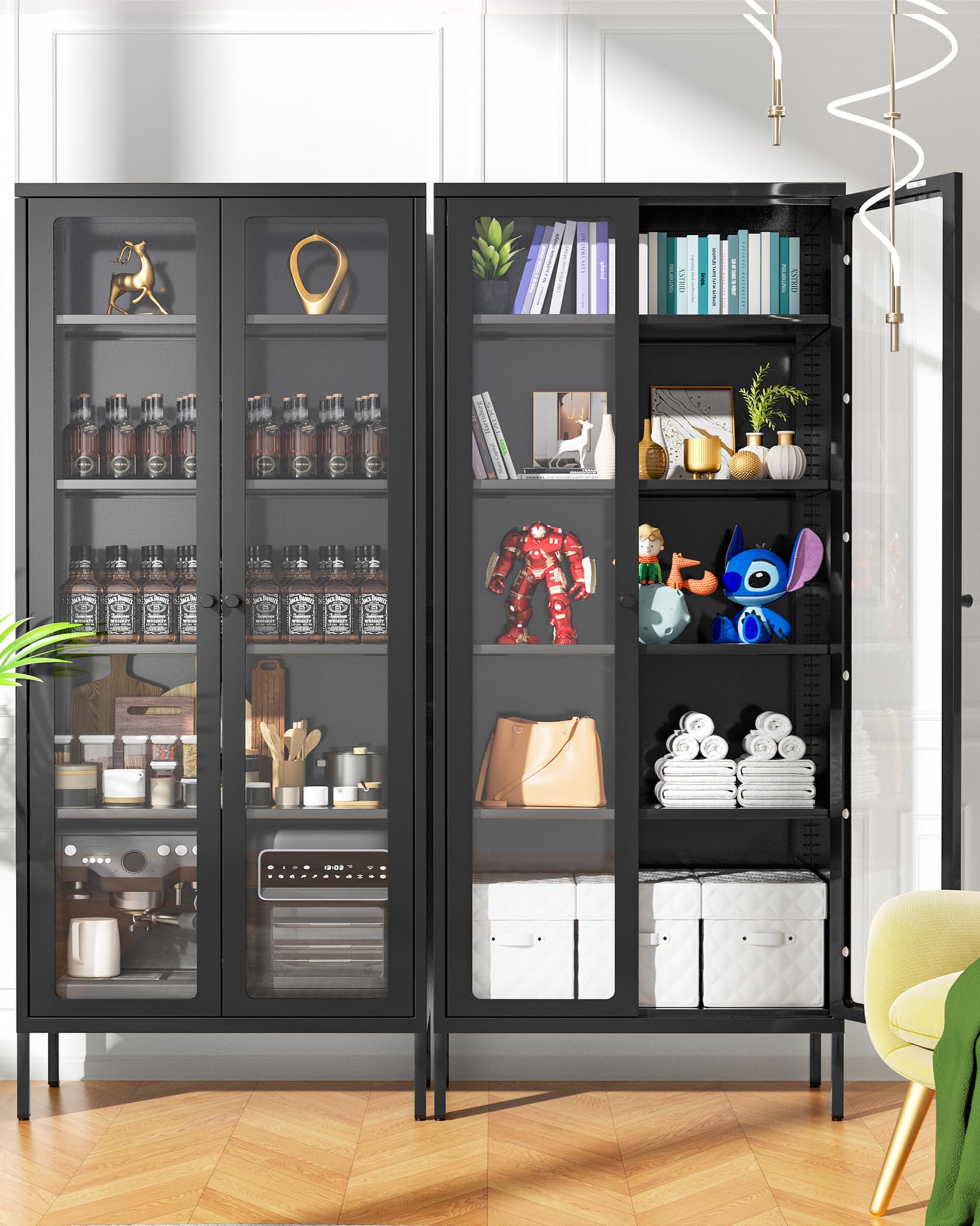 Greenvelly Black Metal Storage Cabinet with Glass Doors - 4-Shelf Modern Bookcase for Home Office, Living Room & Pantry - Display & Organize Collectibles, Books & Decor