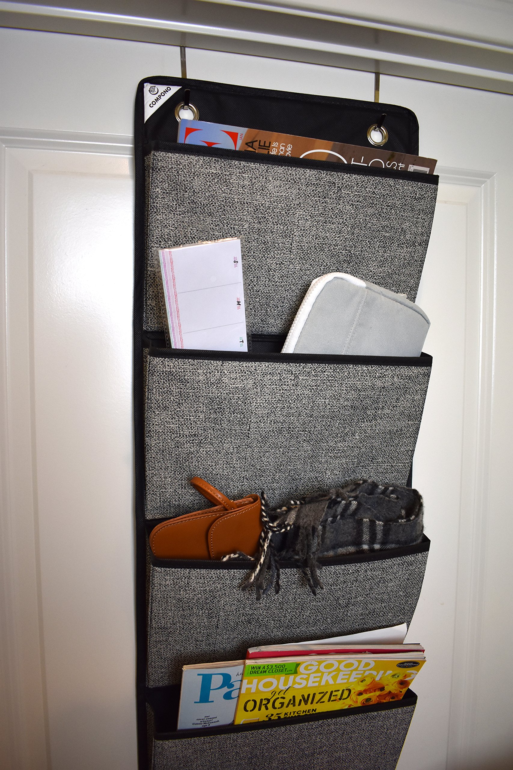COMPONO Over The Door Organizer with 6 Pockets & 2 Hangers - Space Saving Storage Solution for Office Supplies, Home, School & Business Organization (Black & Gray) - Perfect for Closet, Dorm Room & Entryway Storage