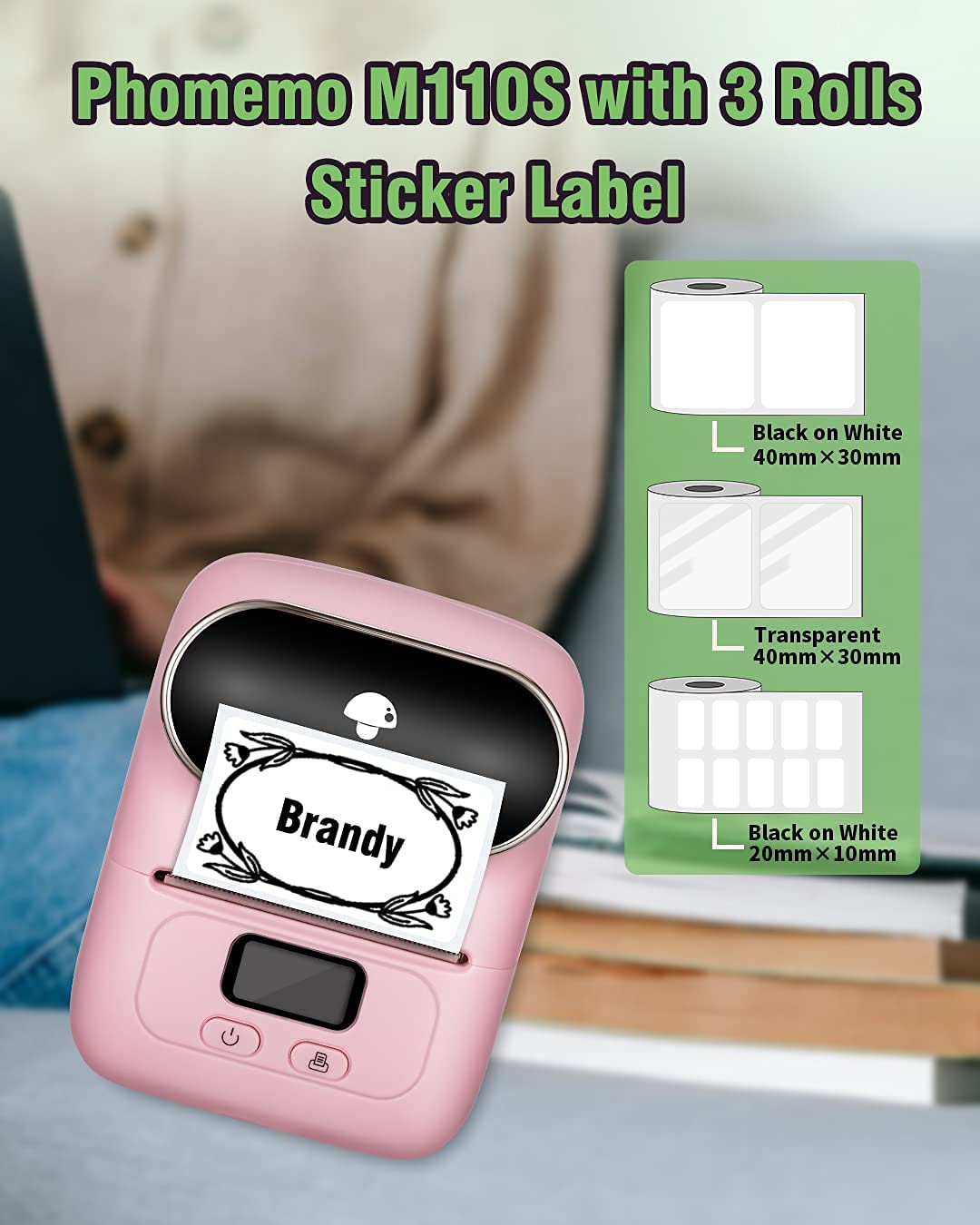 Phomemo M110S Bluetooth Label Maker Kit with 1 Blue Label Paper - Portable Label Printer for Business, Office, Retail & Home Organization - Includes Multiple Fonts, Icons & Templates (Pink) - Perfect for Barcode Labeling, Cable Management & Product Pricing