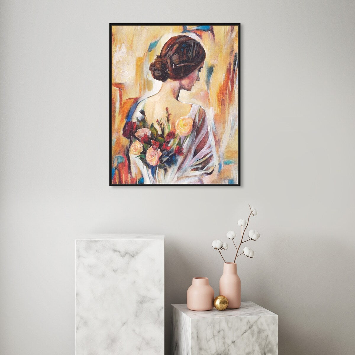 Modern White Framed Canvas Wall Art Print - Floral Back and Flowers Design for Female Beauty, Perfect for Bedroom Decor & Living Room Aesthetic