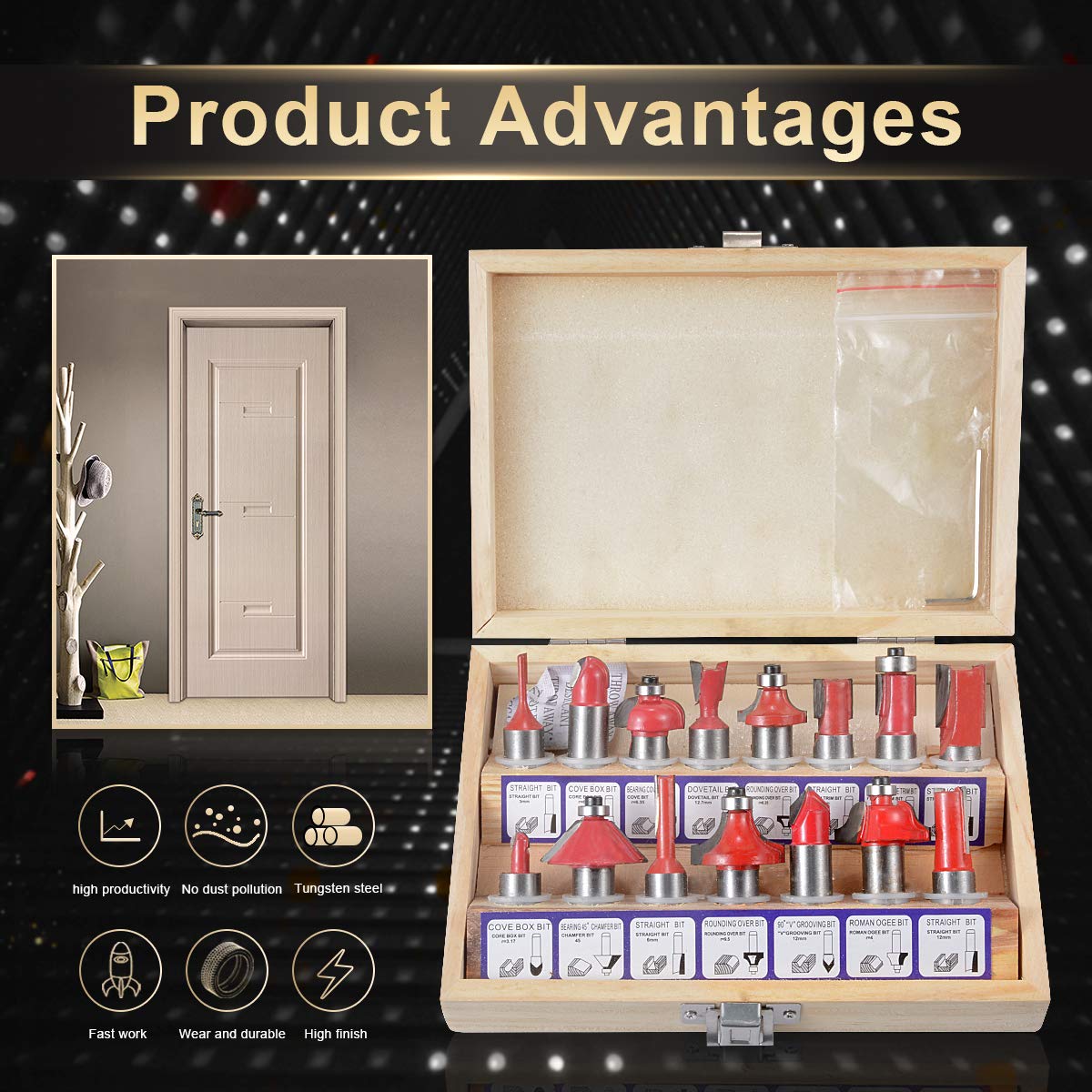 KATUR 15pcs Carbide Router Bit Set, 1/2