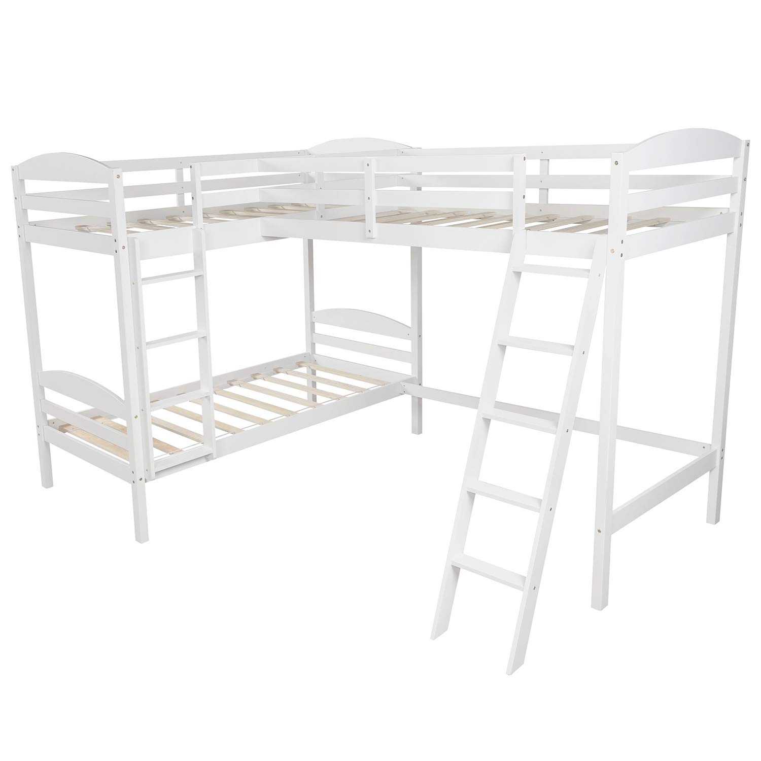 RUNNA Triple Bunk Bed - Solid Wood Twin Size for 3 Kids | L-Shaped Corner Loft Bed Frame with Guardrails & Ladder | No Box Spring Needed (White) | Perfect for Small Bedrooms, Kids' Rooms & Space-Saving Solutions