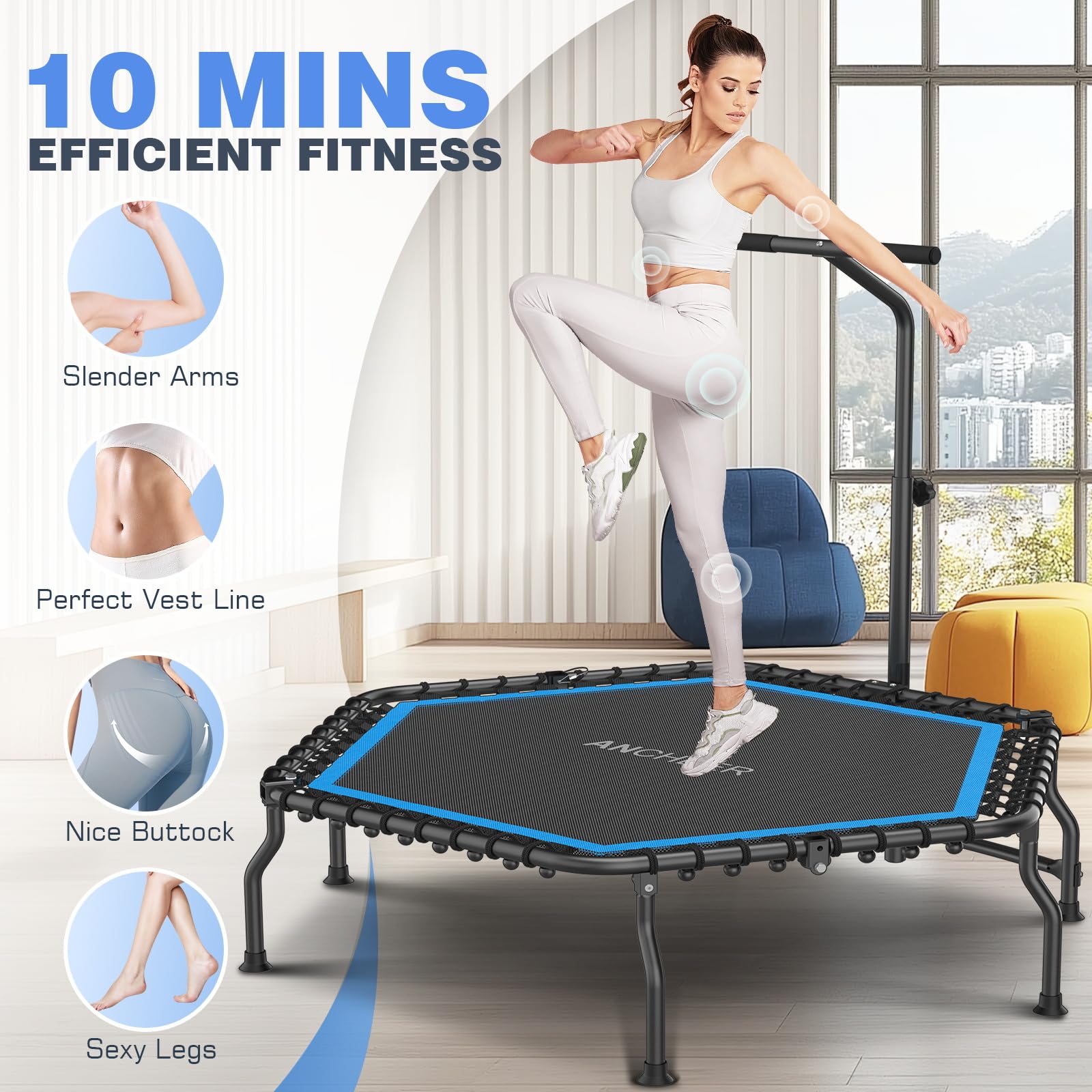 ANCHEER 50 Inch Foldable Rebounder Trampoline with Safety Bar - 450/550lbs Weight Capacity Exercise Trampoline for Adults - Perfect for Indoor Fitness & Outdoor Garden Workouts - Home Gym Equipment for Cardio & Weight Loss