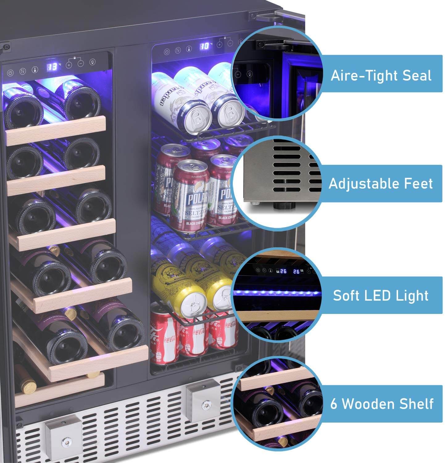 Antarctic Star W515 24 Inch 2 Door Dual Zone Beverage Refrigerator with Digital Temperature Control - Perfect for Wine, Beer, and Soda Storage in Home Bars, Offices, and Restaurants