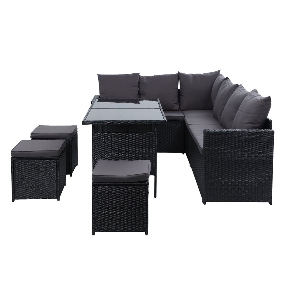 9-Piece Black Wicker Outdoor Patio Furniture Set - Perfect for Garden, Poolside, and Backyard Relaxation