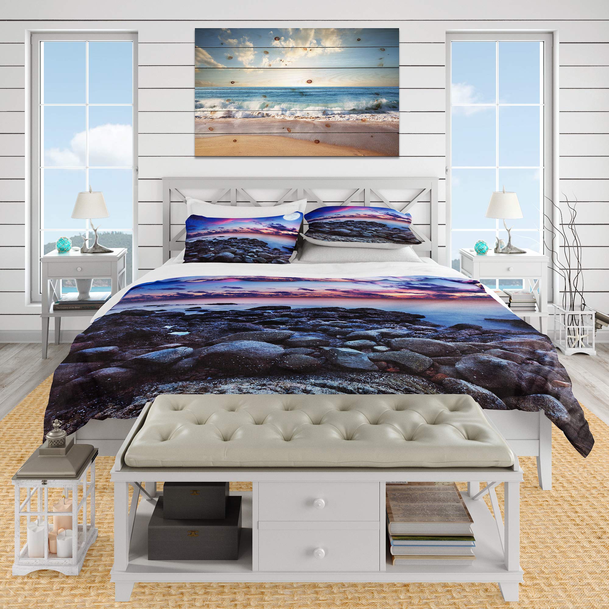 Full Moon Seascape Duvet Cover Set King - Coastal Beach Bedding for All Seasons
