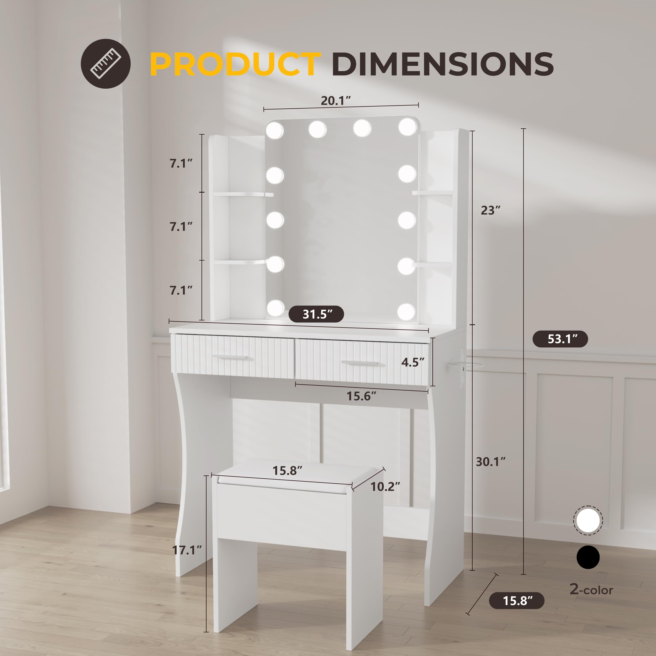 LED Vanity Desk with Lighted Mirror - Adjustable Makeup Vanity Set with 3 Lights, 2 Drawers & 4 Shelves, Includes Storage Stool - Perfect for Bedroom, Dressing Room & Beauty Salon (White)