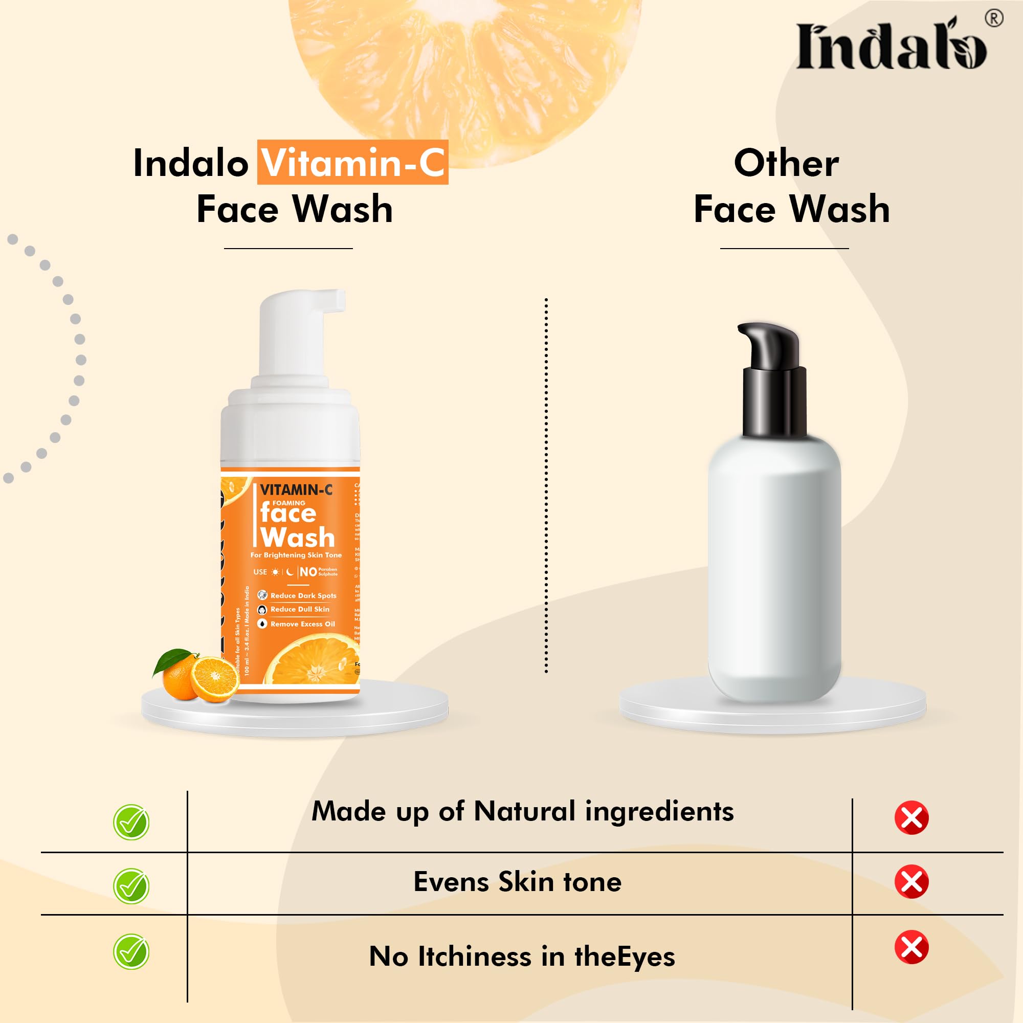 Indalo Vitamin C Foaming Face Wash with Aloe Vera Extract - Brightening & Hydrating Cleanser for All Skin Types (100ml) | Gentle Daily Facial Cleanser for Glowing Skin, Acne-Prone & Sensitive Skin Care Routine