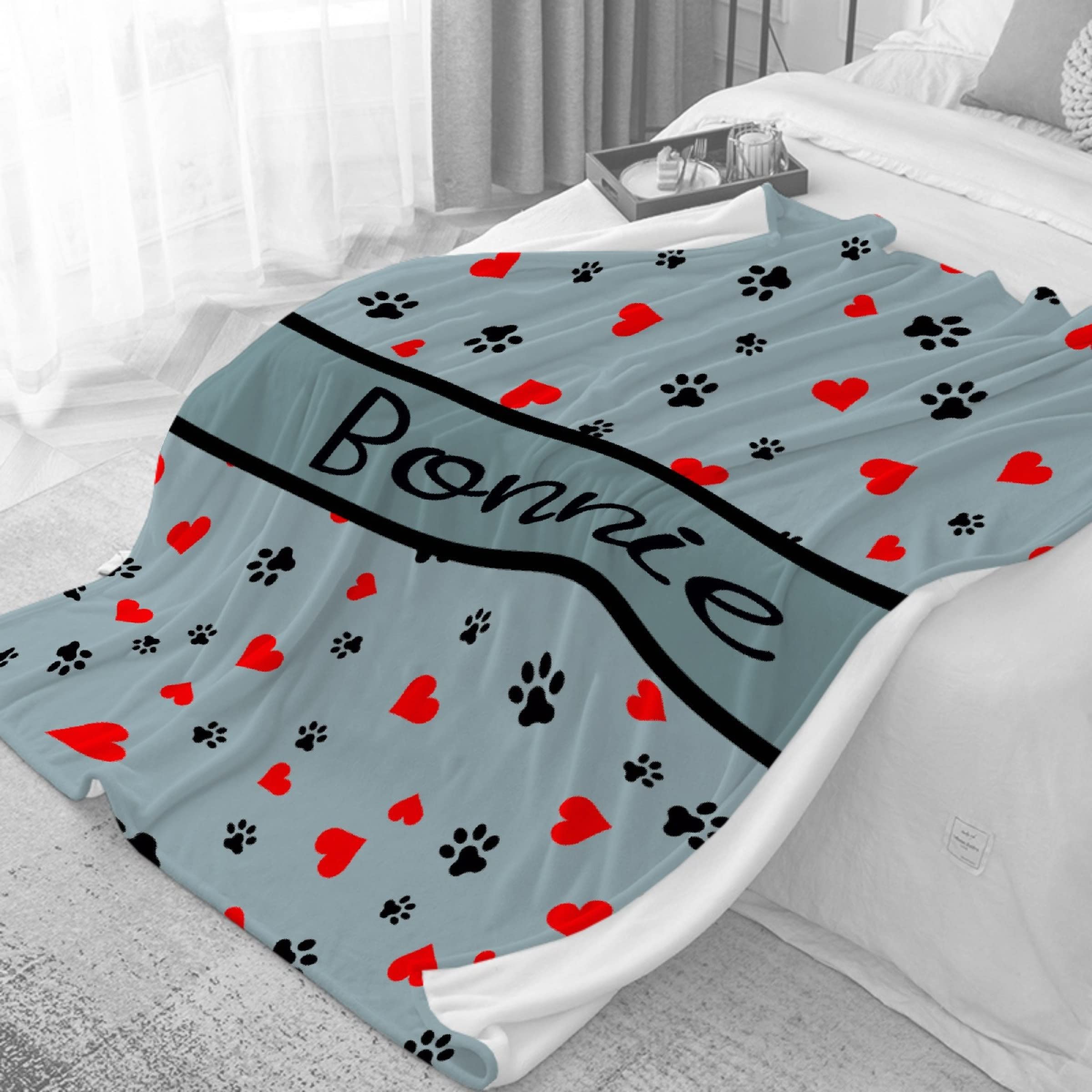 Personalized Photo Throw Blanket with Dog Paws & Heart Design - Custom Name Blanket for Kids, Adults & Family - 90