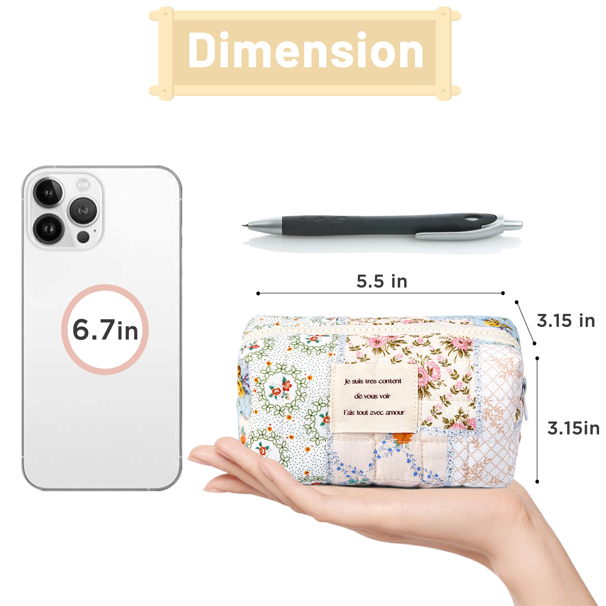 Floral Makeup Bag Small Cotton Quilted Cosmetic Pouch - Aesthetic Preppy Travel Organizer for Women & Girls | Perfect for Toiletries, Makeup Storage & Travel Accessories (Blue Floral, Small)