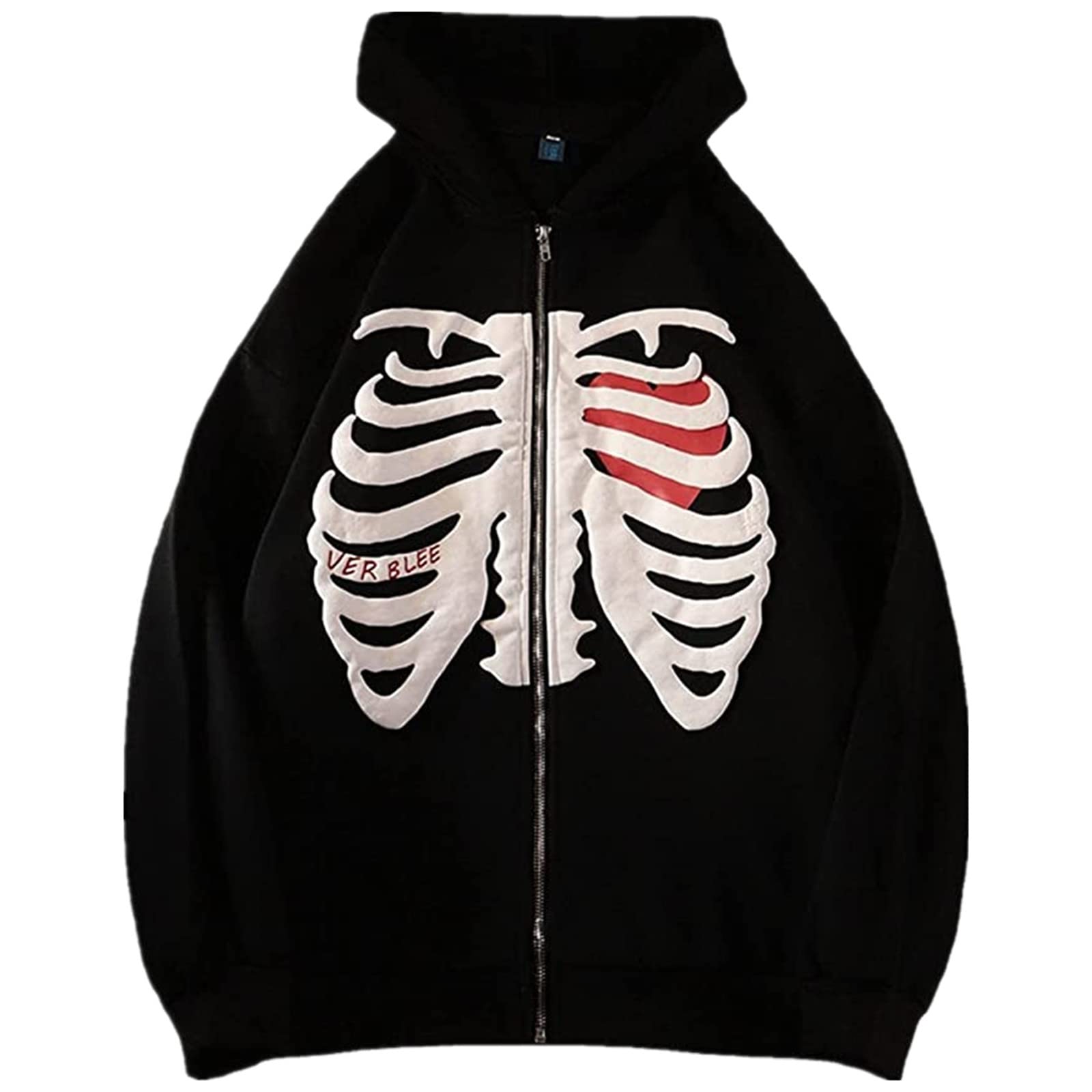 Lausiuoe Women's Black Zip Up Hoodie - Y2K Goth Skeleton Print Oversized Sweatshirt | Long Sleeve Casual Graphic Hooded Jacket for Streetwear & Gothic Fashion