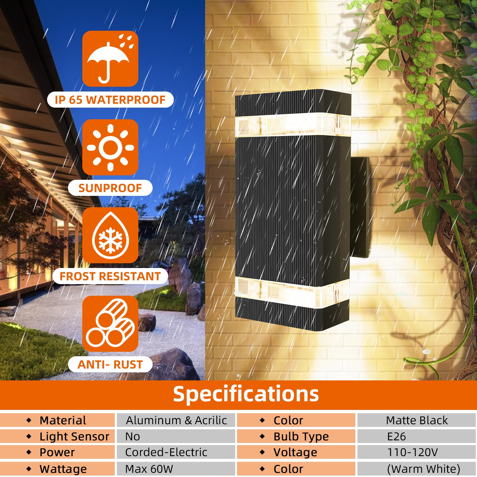 Waterproof Outdoor Wall Lights with Bulbs - Aluminum E26 Fixture for Front Porch, Patio, Garage - Durable Exterior Wall Sconce Lighting (2-Pack) - Perfect for Home Security & Landscape Illumination