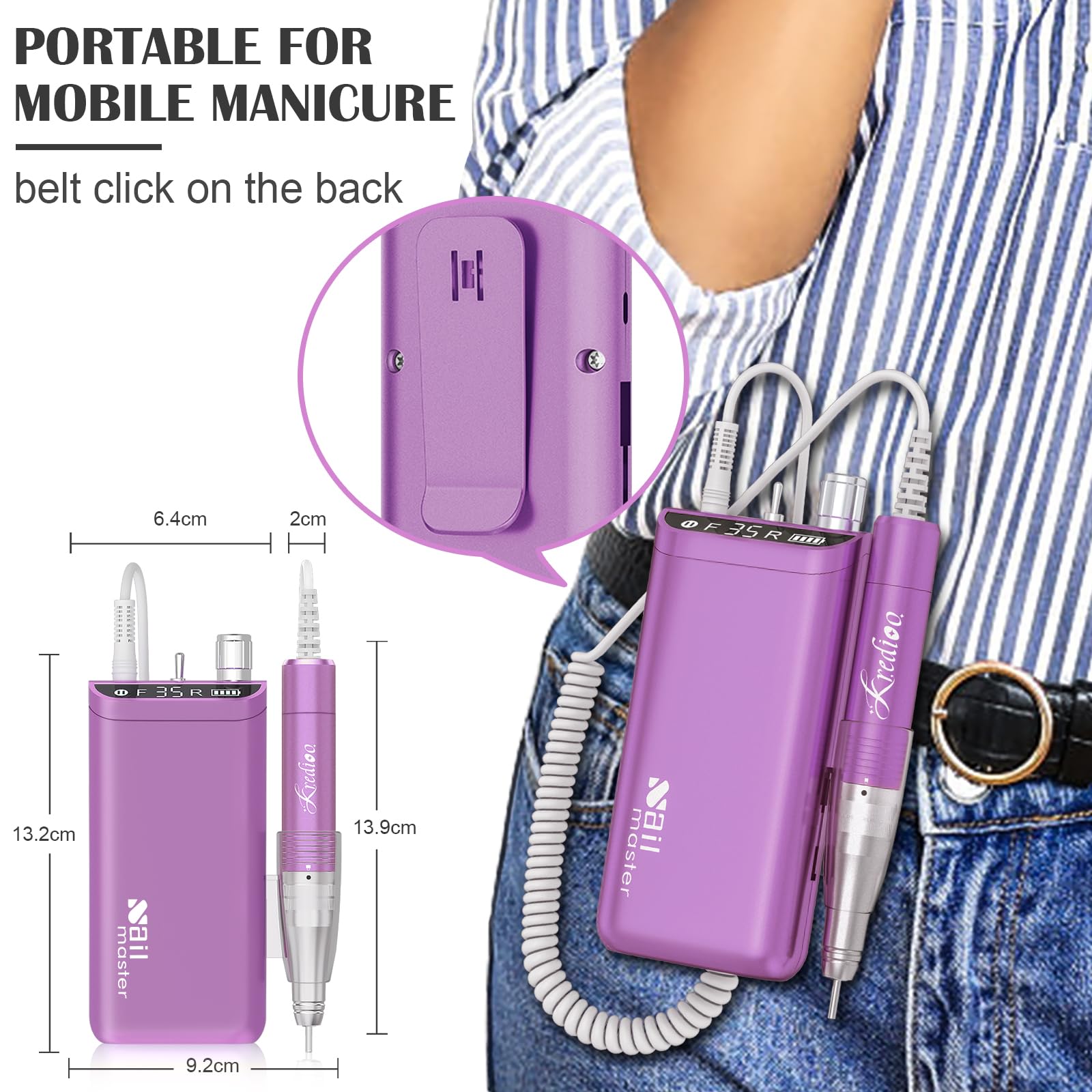 Kredioo Professional Nail Drill Kit - 35000RPM Rechargeable Electric Nail File Machine with 10 Bits Set for Acrylic & Gel Polish Removal | Salon Quality Manicure Tools | Portable for Home & Professional Use (Purple)