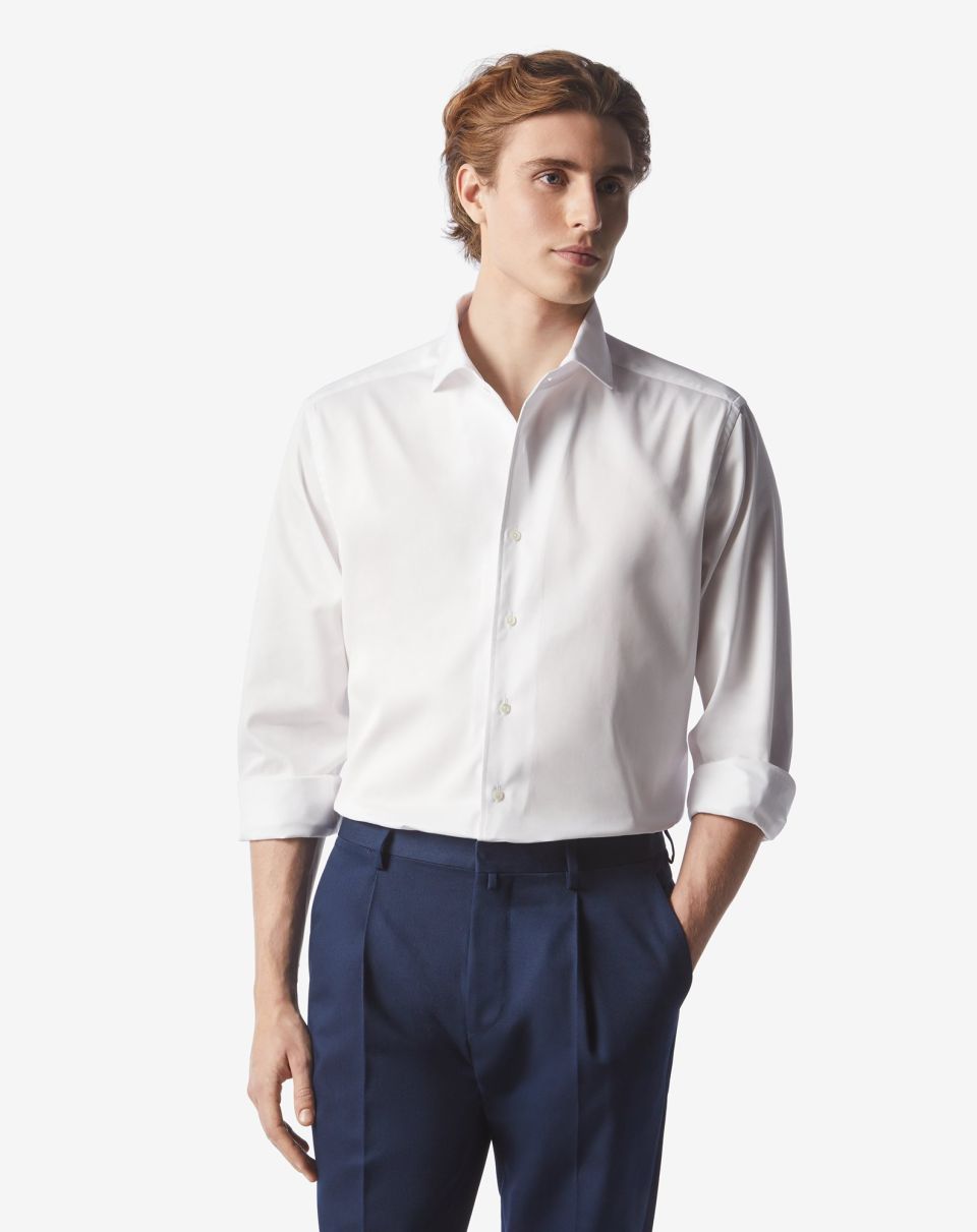 Corneliani Premium White Fine Twill Dress Shirt for Men | Business & Formal Wear | Office, Wedding & Special Occasions