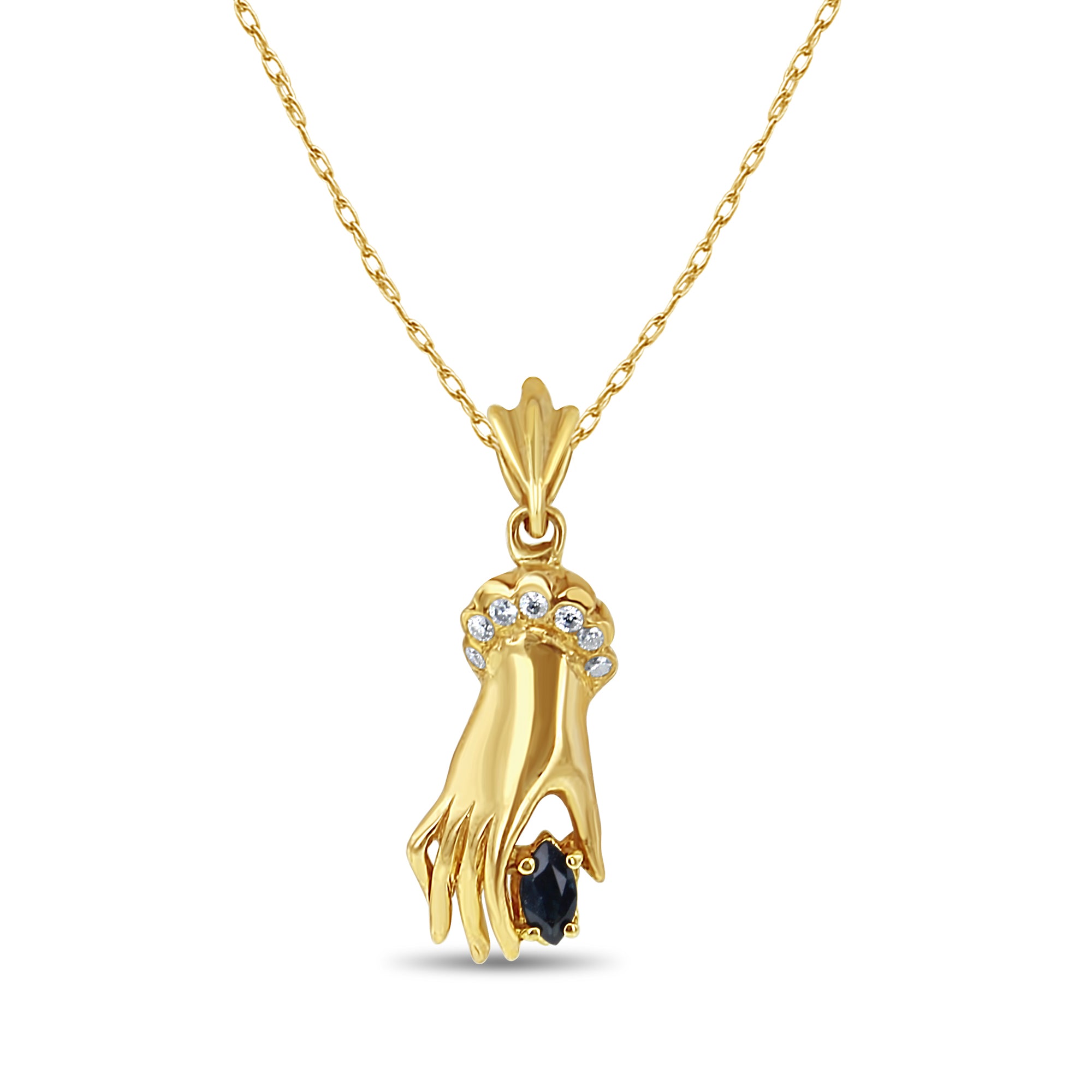 14K Yellow Gold Diamond & Sapphire Mudra Hand Necklace - 0.26cttw Spiritual Jewelry for Meditation, Yoga & Blessing Gifts