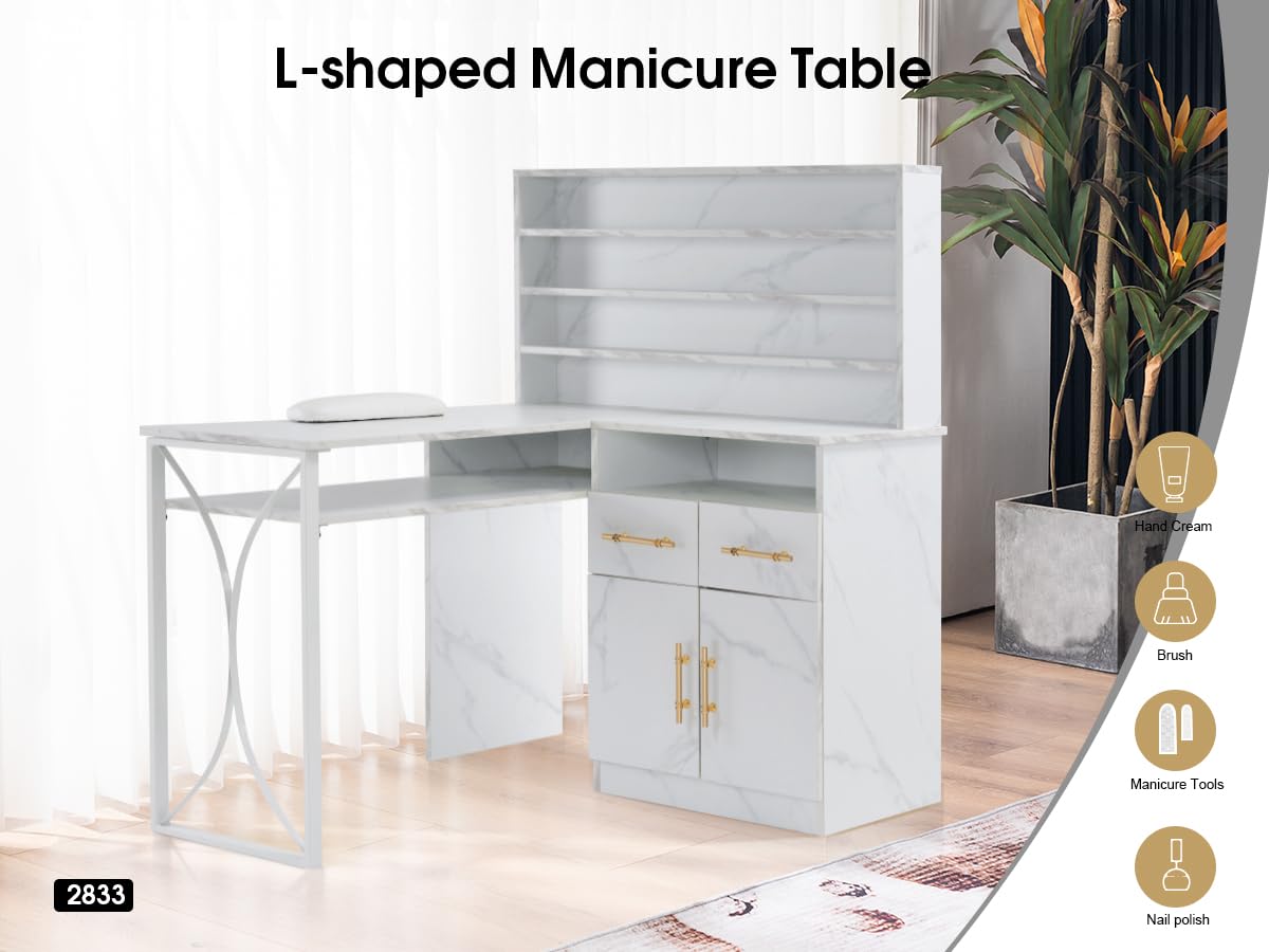 Professional L-Shaped Nail Salon Desk with Storage Drawers & Cabinets - White Manicure Workstation for Efficient Organization | Perfect for Home & Salon Use