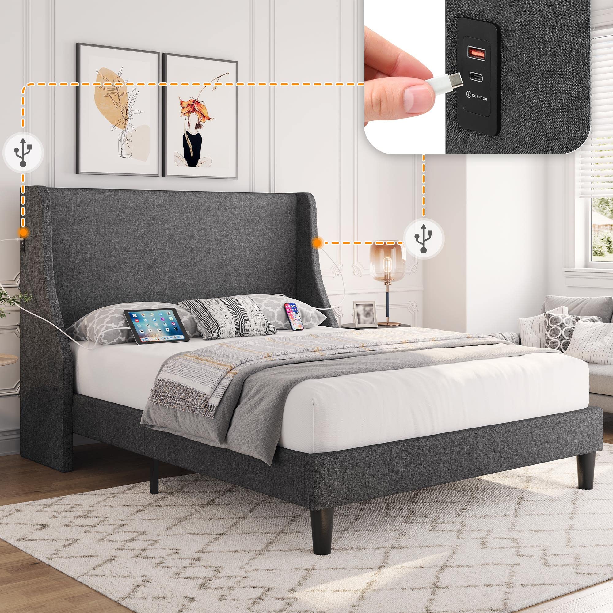 Topeakmart Full Size Upholstered Bed Frame with USB Ports & Headboard - Easy Assembly for Modern Bedrooms