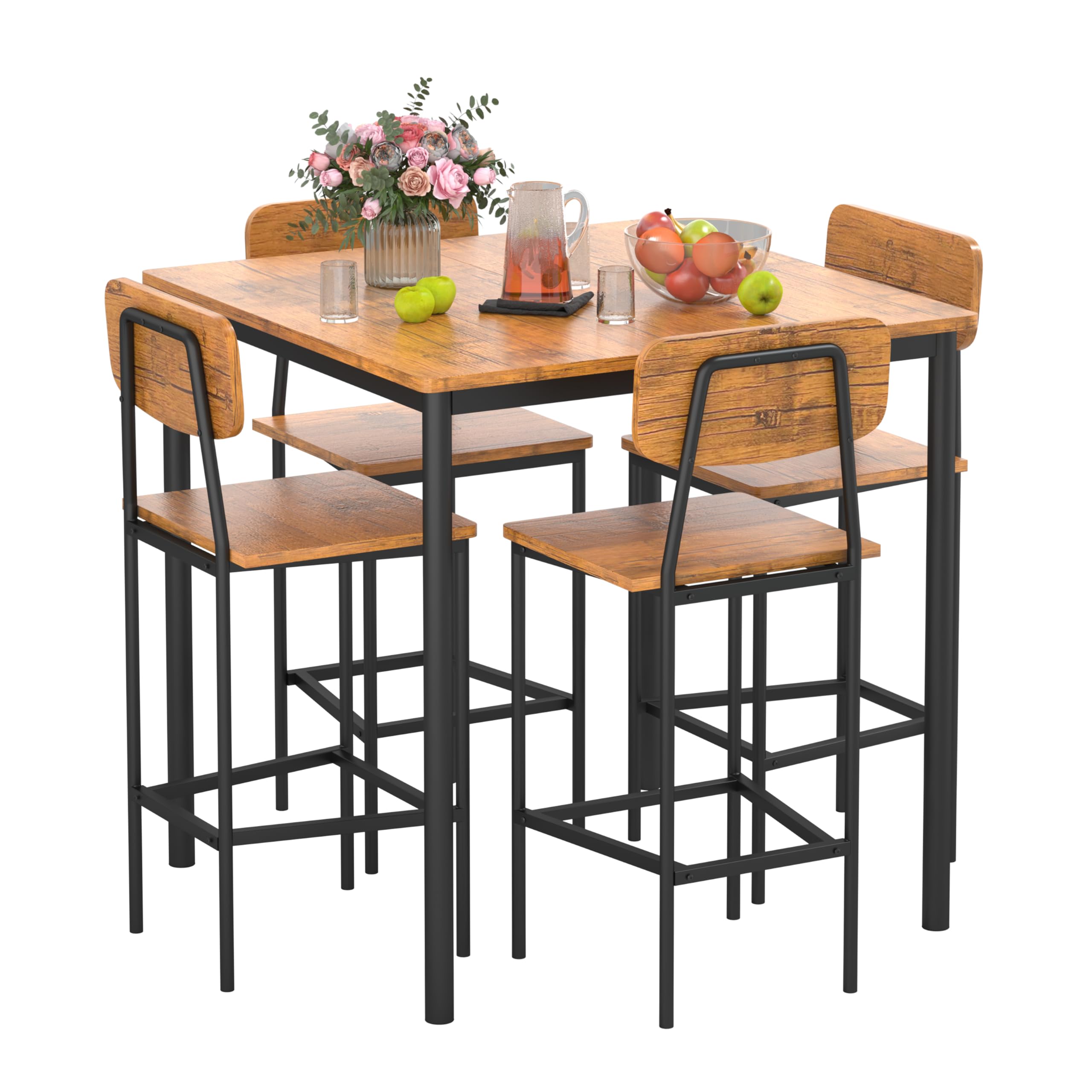 4-Piece Industrial Dining Table and Chairs Set - Space-Saving Brown Kitchen Furniture for Family Dinners & Entertaining | Perfect for Small Spaces, Apartments, and Modern Farmhouse Decor
