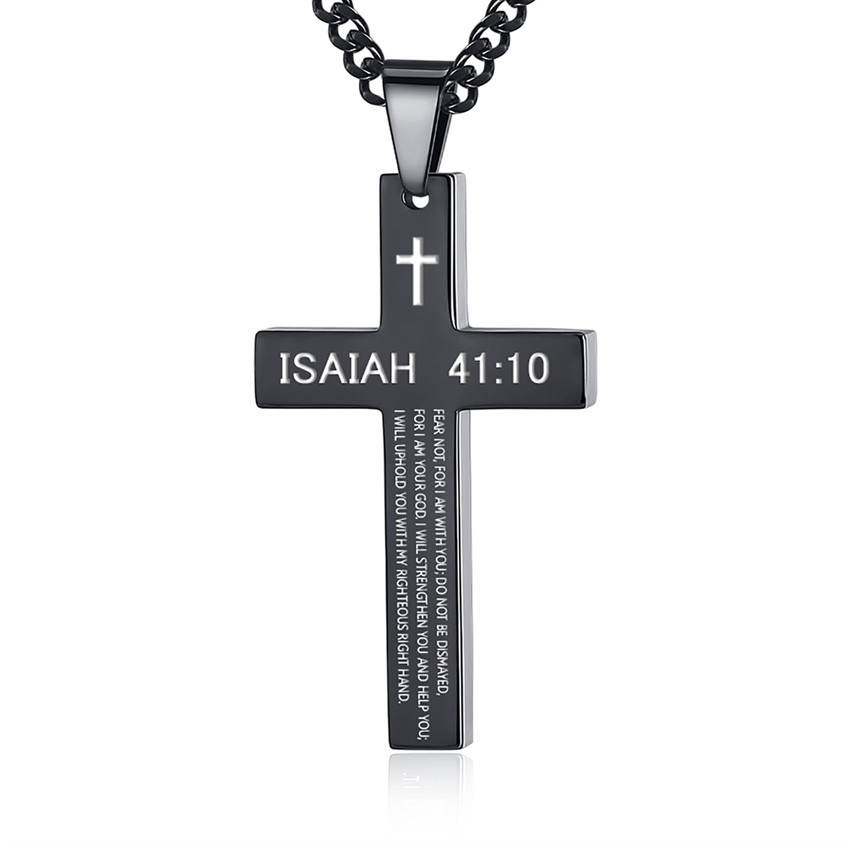 REVEMCN Stainless Steel Cross Pendant Necklace for Men & Boys - Inspirational Bible Verse Jewelry, Black & Silver Plain Cross 20-24 Inch Curb Chain - Faith Gift for Christians, Baptism, Church & Daily Wear