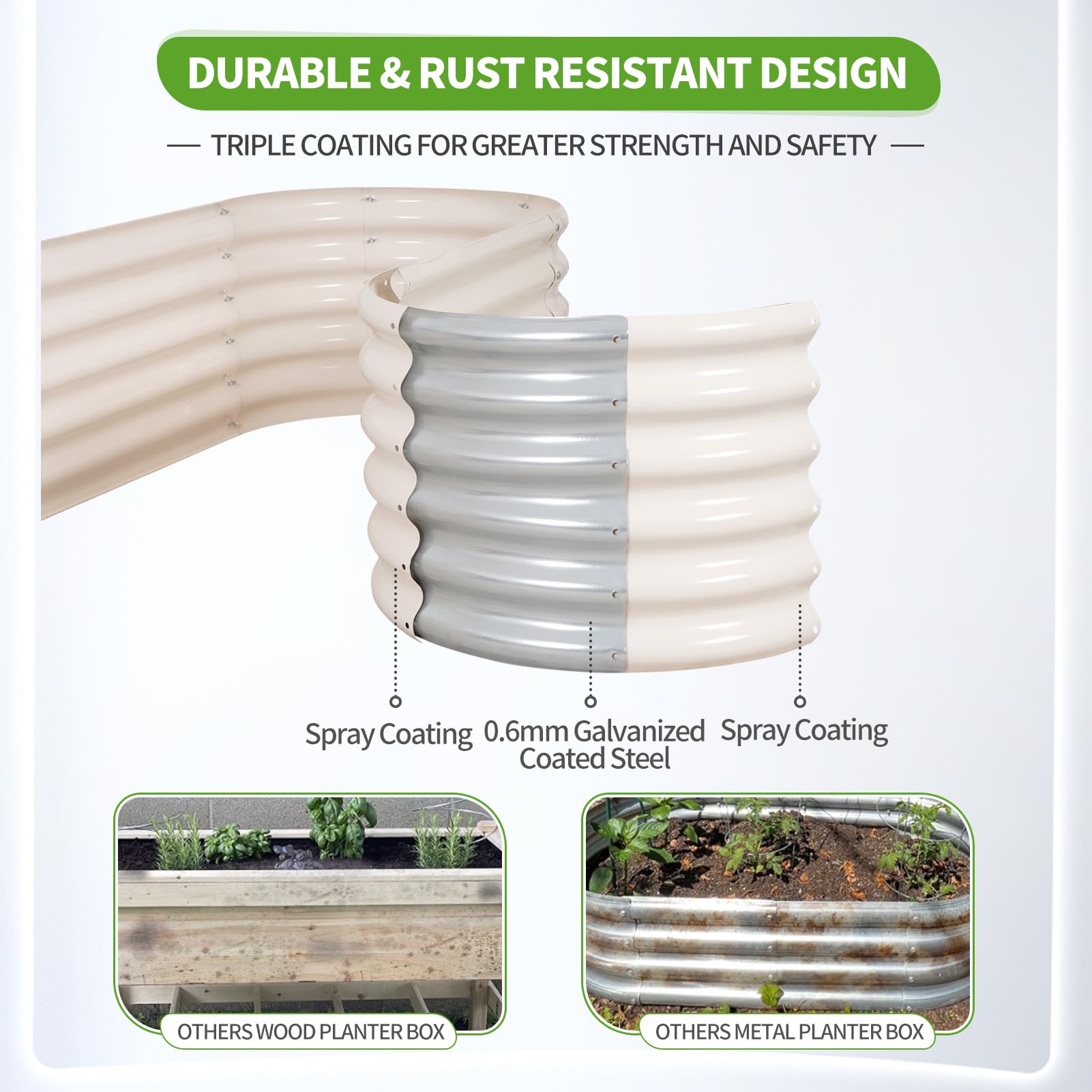 Galvanized Steel Raised Garden Bed Kit - 8x2x1.4FT Oval Metal Planter Box for Outdoor Gardening | Includes Protective Tape, Bracing Rods & Gloves | Perfect for Vegetables, Flowers, Herbs (White) | Ideal for Backyard, Patio & Urban Farming