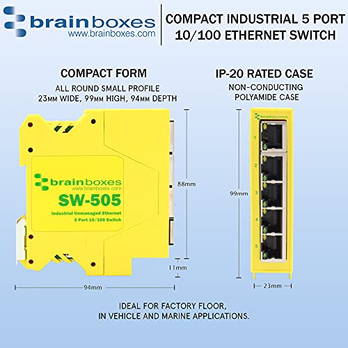 Brainboxes Industrial Compact 5-Port Ethernet Switch - DIN Rail Mountable for Factory Automation & Network Expansion