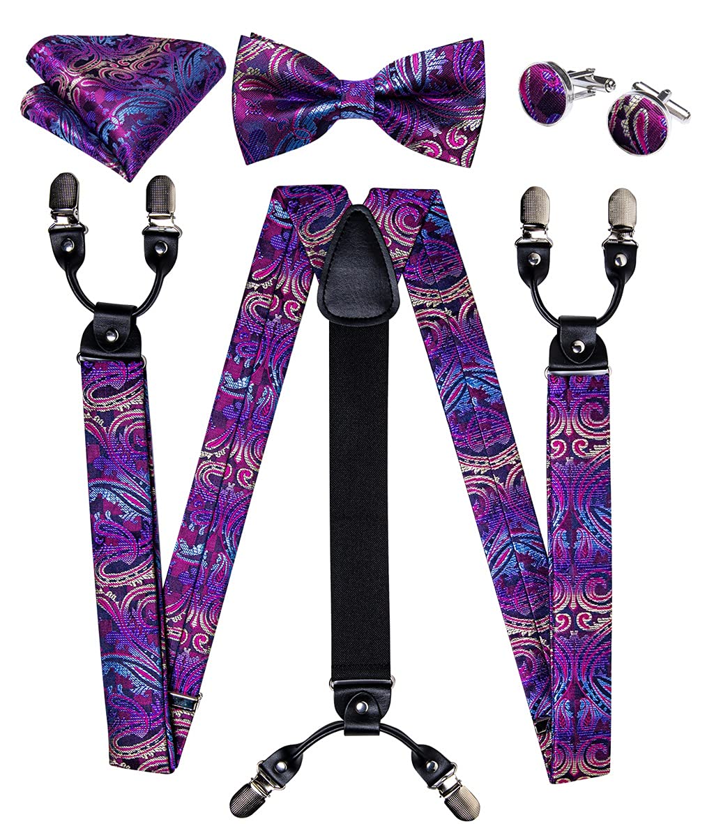 YFQHDD Purple Floral Men's Suspenders & Bow Tie Set - Elastic Y-Back Adjustable Braces with 6 Clips - Formal Wedding, Prom, Party Accessories for Groom & Bridesmaids