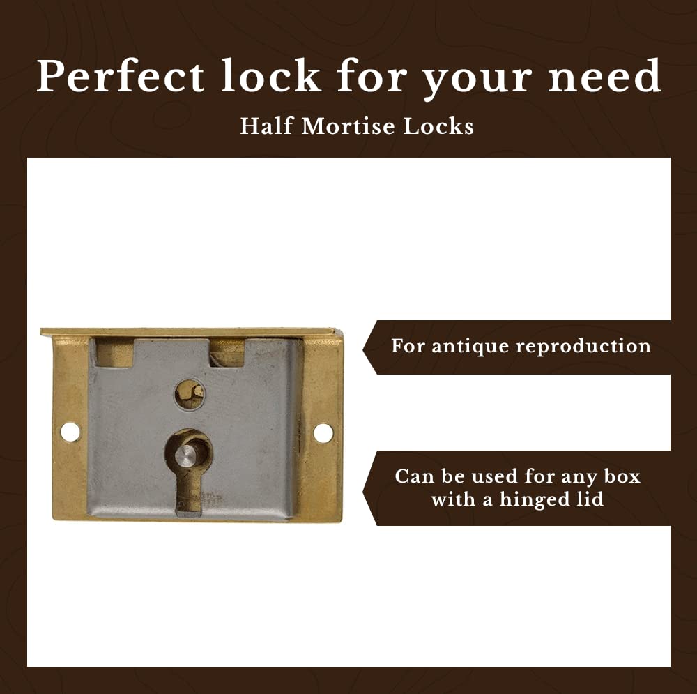 Small Brass Half Mortise Chest Lock with 2 Skeleton Keys | Antique Style Box Lock HL1-SB-2K for Jewelry Boxes, Cabinets & Vintage Furniture